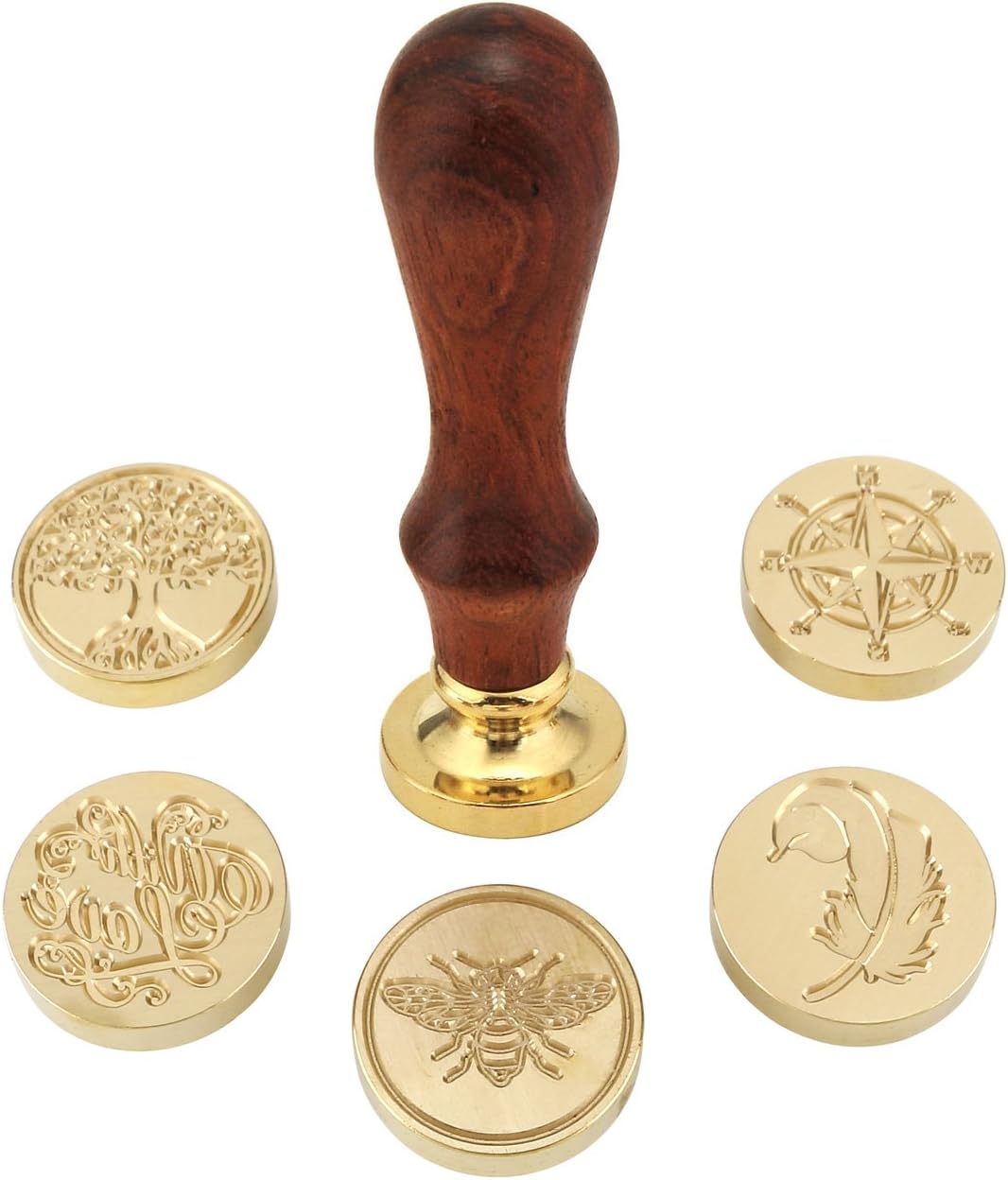 Yoption 6 Pcs Wax Seal Stamp Set, Vintage Tree of Life Bee Heart Compass Feather with Love Sealing Wax Stamps Kit, Wooden Handle with Brass Head for Wedding Invitation Cards Christmas Gift