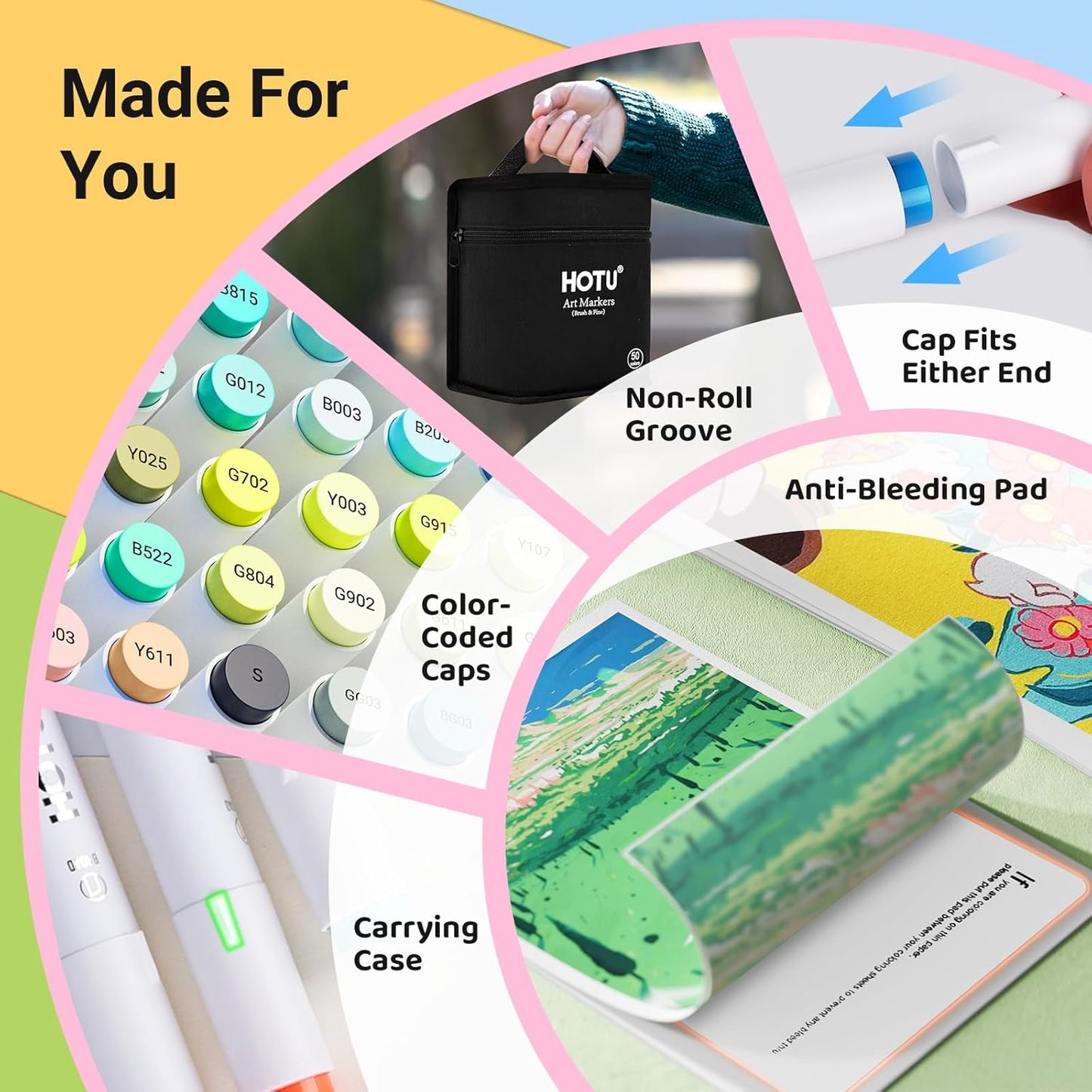 Alcohol Markers Brush Tip - 50 Colors Dual Tip Markers, Brush & Fine Alcohol-based Art Marker Set for Kids Adults Coloring Illustration, Alcohol Sketch Pens with Carrying Case, Non-Bleeding Pad