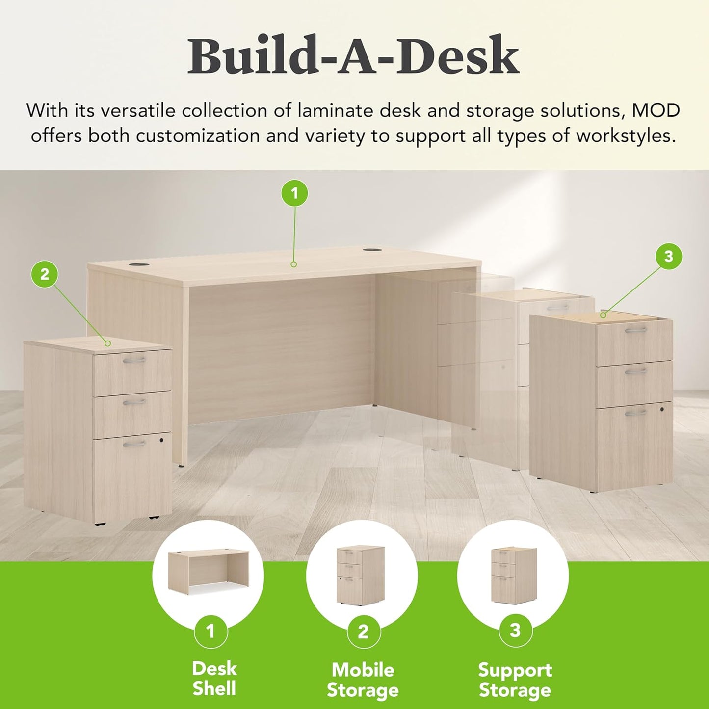 HON MOD Executive Desk 60-Inch Large Computer Desk Shell, Thick Wooden Laminate, Modern Table with Cord Management, 60" W x 30" D x 29" H, Desert Oak