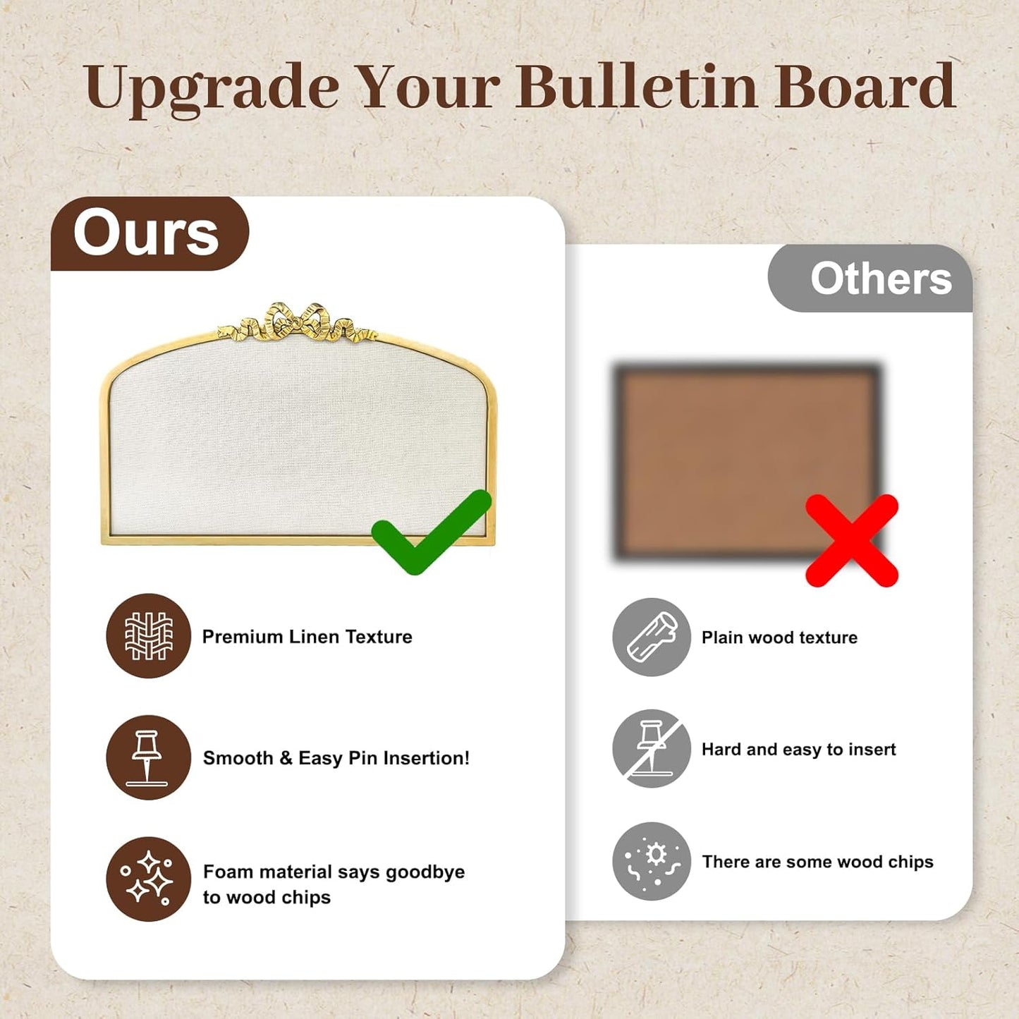 Vintage Arched Linen Cork Board with Gold Bowknot – Decorative Bulletin Board for Walls, Iron Frame Pin Board for Notes, Photos & Reminders, Elegant Vision Board for Home & Office 24"x 15"