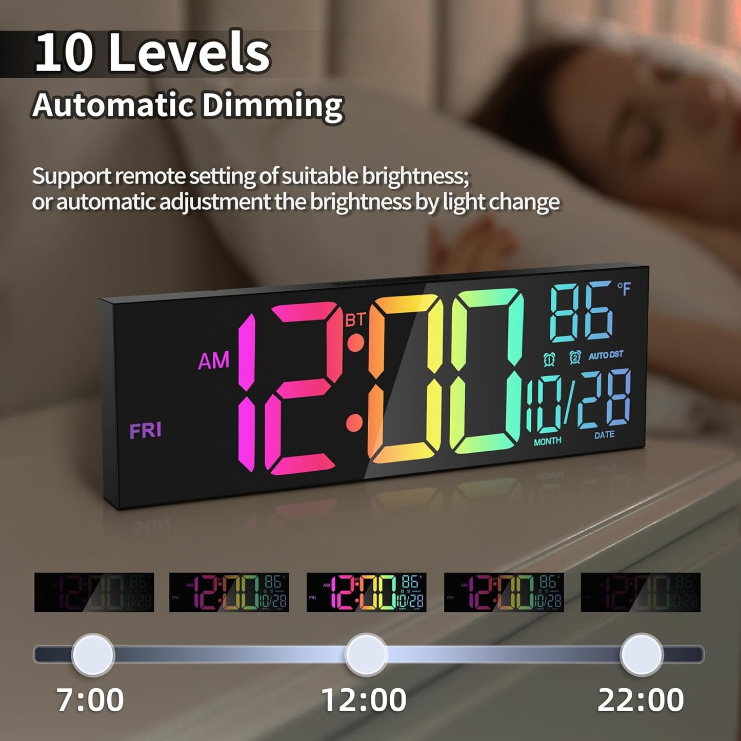 16.5" Large LED Wall Clock with Bluetooth Sync, Night Light, DST, 2 Alarms, RGB Color, Temperature, Remote Control, 12/24H, Timer for Living Room, Bedroom, Desk, Gift for Mother Father Elderly
