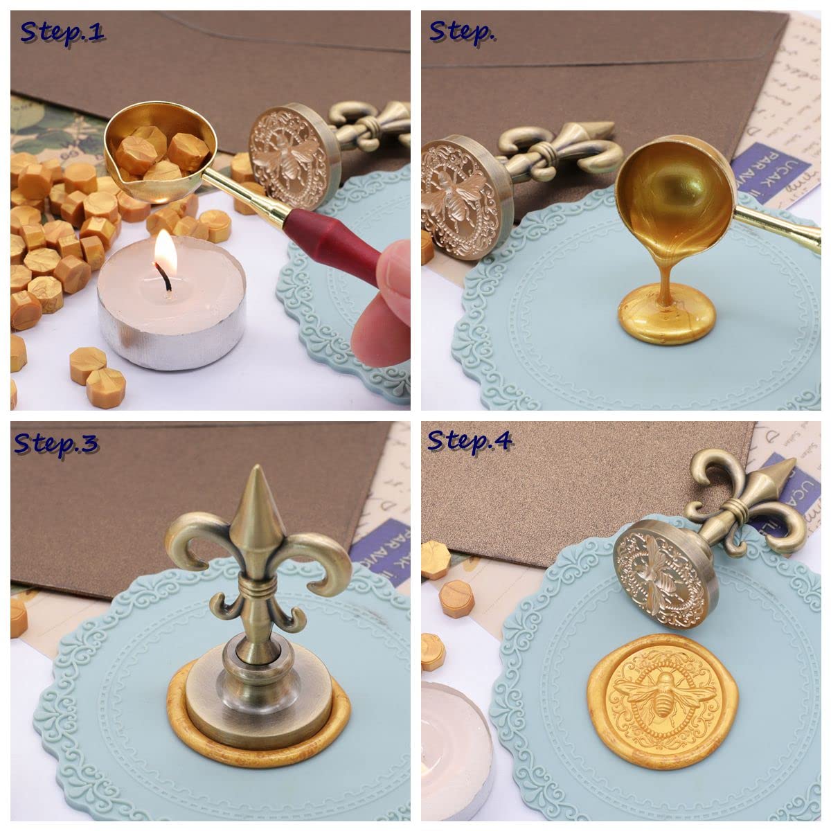 SWANGSA 3D Embossed Bee Wax Seal Stamp, Vintage Electroplated Bronze Flower Handle Sealing Stamp for Wedding Party Invitations Gift Idea Decoration