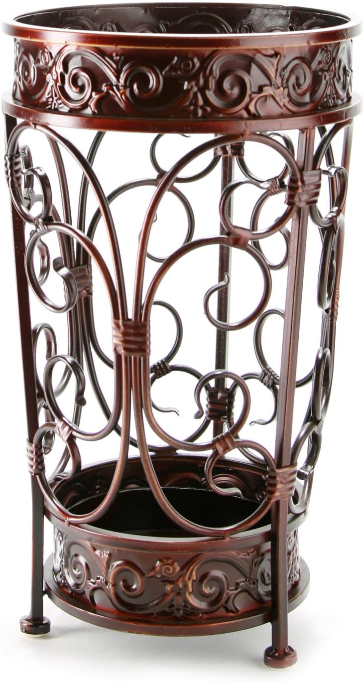 Super Quality Umbrella Stand, Umbrella Holder, Antique Look Metal, Entry Hallway Décor, Round Style, w/Removable Drip Tray. (Red-Brown)