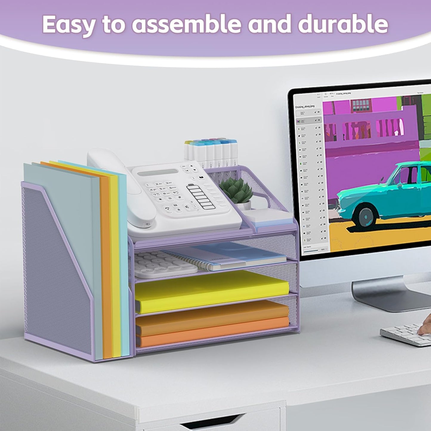 DocNest 4 Tier Paper Letter Tray File Organizer, Mesh Desk File with Handle, Workspace Desk Organizers with Pen Holder, Office Organization Storage Accessories - Purple