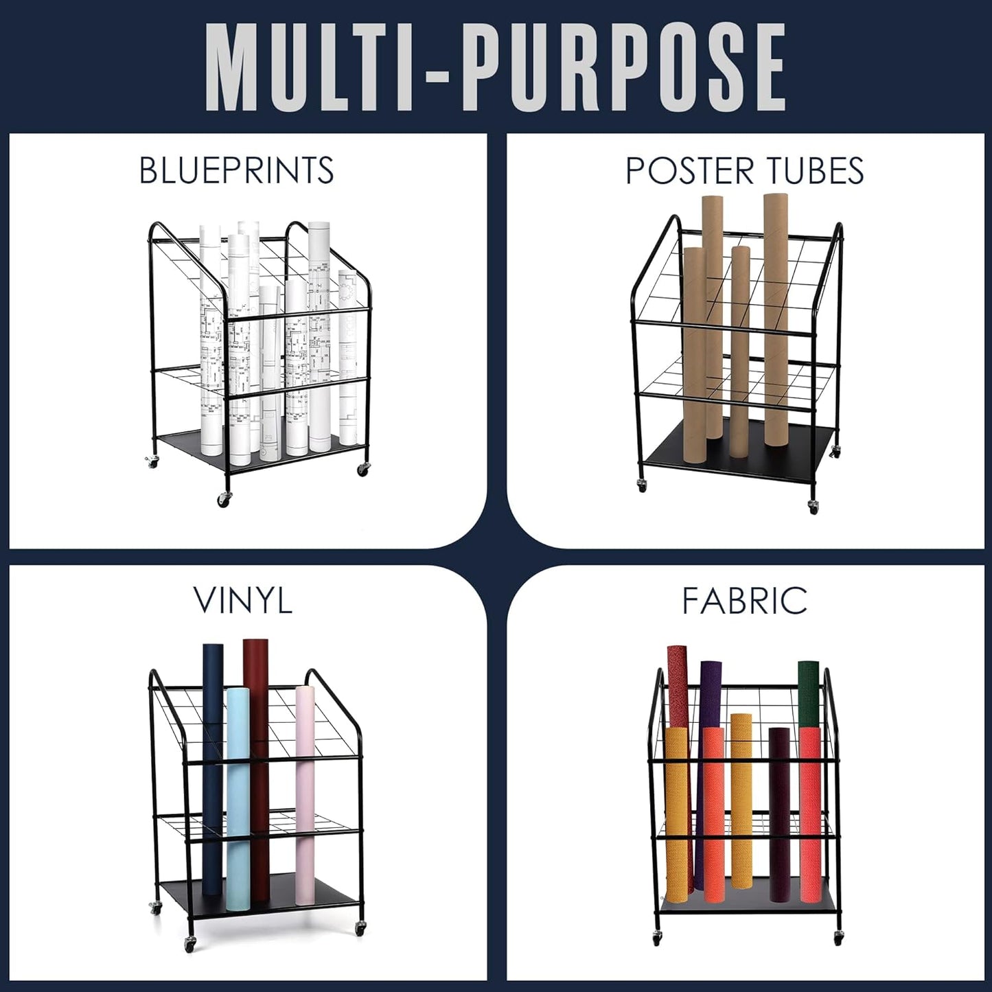 Houseables Blueprint Holder, Blueprint Storage, Construction Plan Holder, Storage Rack, Print Rack, Map Cabinet, Poster Display, Blue Print Organizer On Wheels, Architect, Paper, Tube, 20 Slot Cart