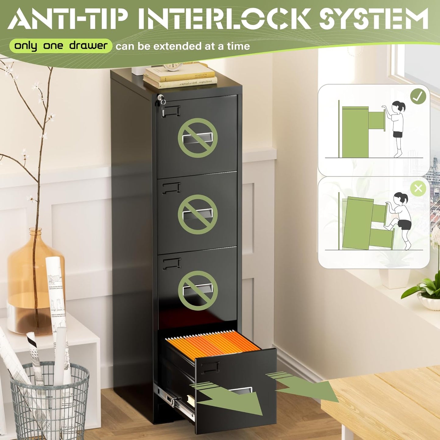 Crownland Lateral File Cabinet with 4 Drawers, 15" W Metal Lockable Office File Cabinets for Home Office- Stores Letter/Legal/A4/F4 Files(Black)