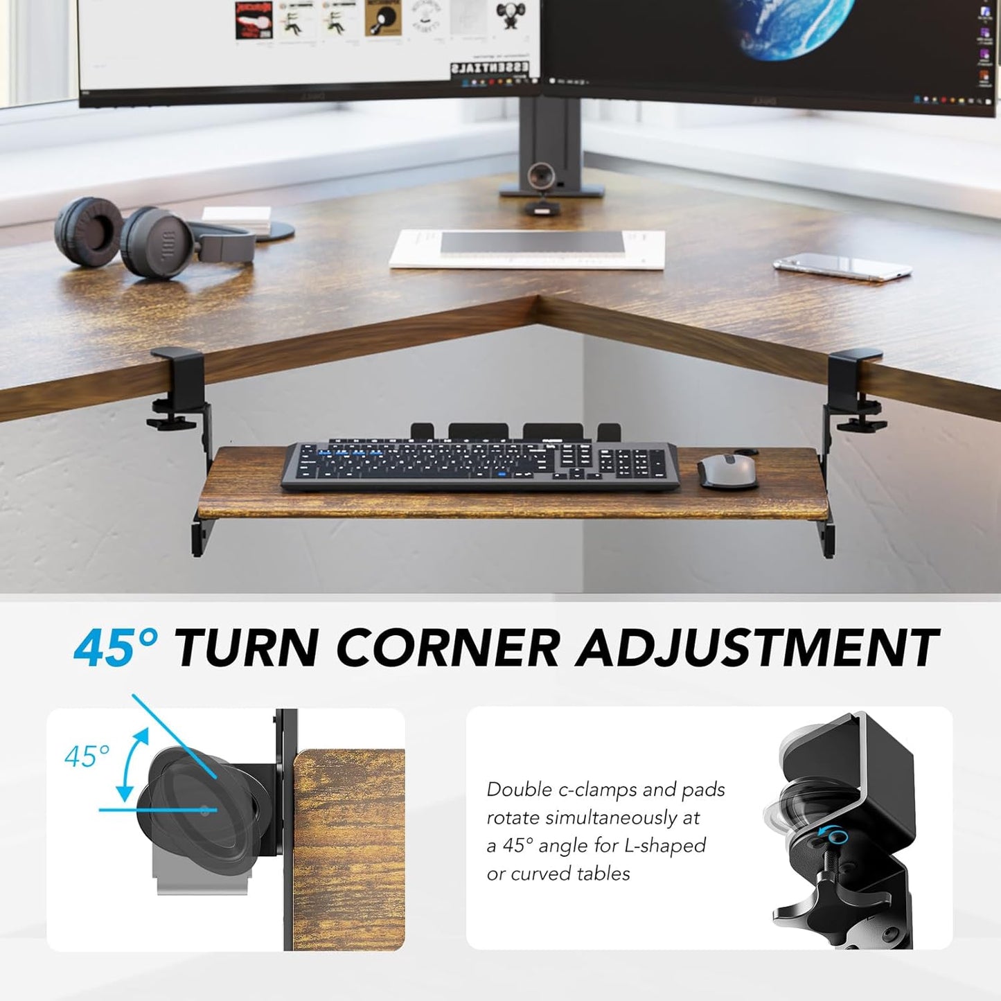 AX WABER Keyboard Tray Under Desk Pull Out with Extra Sturdy C Clamp Mount System, 27.3 (32.5 inch Including Clamps) x 11 Inch Slide-Out Platform Computer Drawer for Typing Vintage AX01WG02