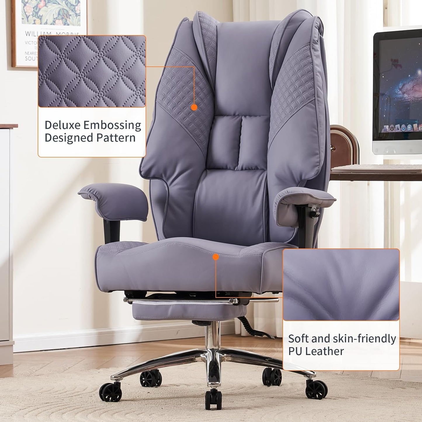 Big and Tall Office Chair 400lbs Wide Seat, Leather High Back Executive Office Chair with Foot Rest, Ergonomic Chairs Lumbar Support for Lower Back Pain Relief (Light Purple)