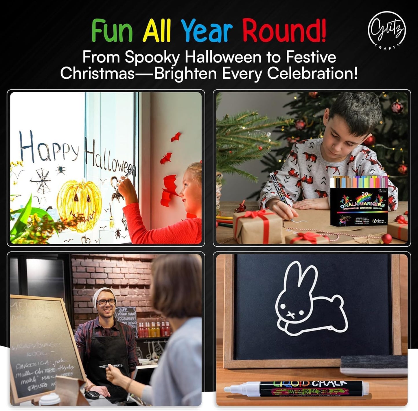 Liquid Chalkboard Chalk Marker 6mm 20/pack, Non-Toxic Safe & Easy to Use, Neon Bright Vibrant Colors, Wet Wipe Washable Paint for Chalkboard Sign, Car Window, Glass, Bistro, Mirror