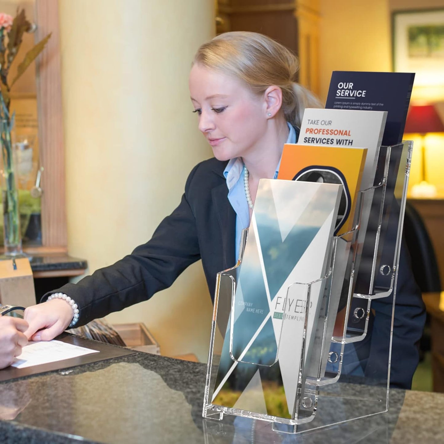 MaxGear Acrylic Brochure Holder, 4 Inch Wide 4 Tier Clear Literature Display Stand Premium Plastic Pamphlet Holder, Multi Pocket Wall Mount or Countertop Organizer for Office or Home, 3 Pack