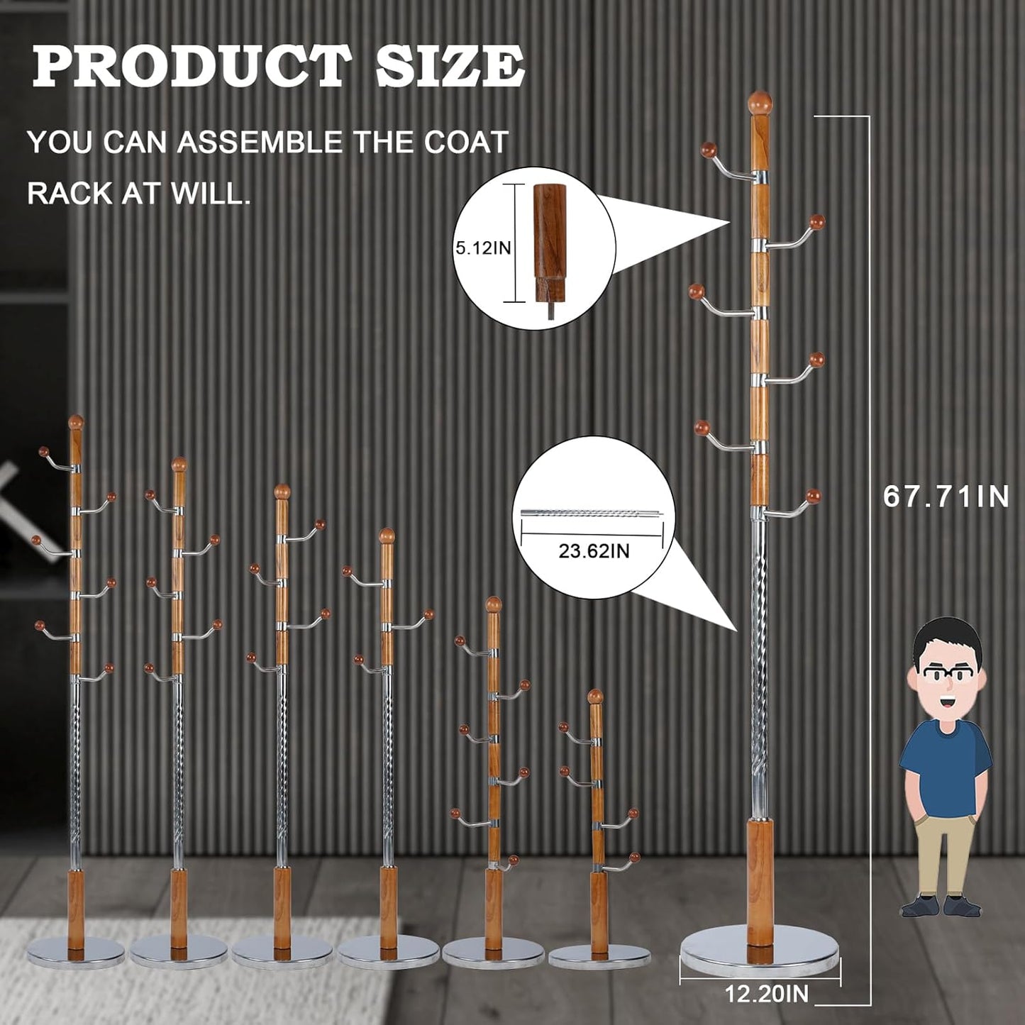 Coat Racks FreeStanding with 11 Hooks, Natural Wood Coat Rack with Solid Round Base, Adjustable Height Coat Racks, Easy Assembly for Hallway, Bedroom and Office (Solid Wood Metal Hook)
