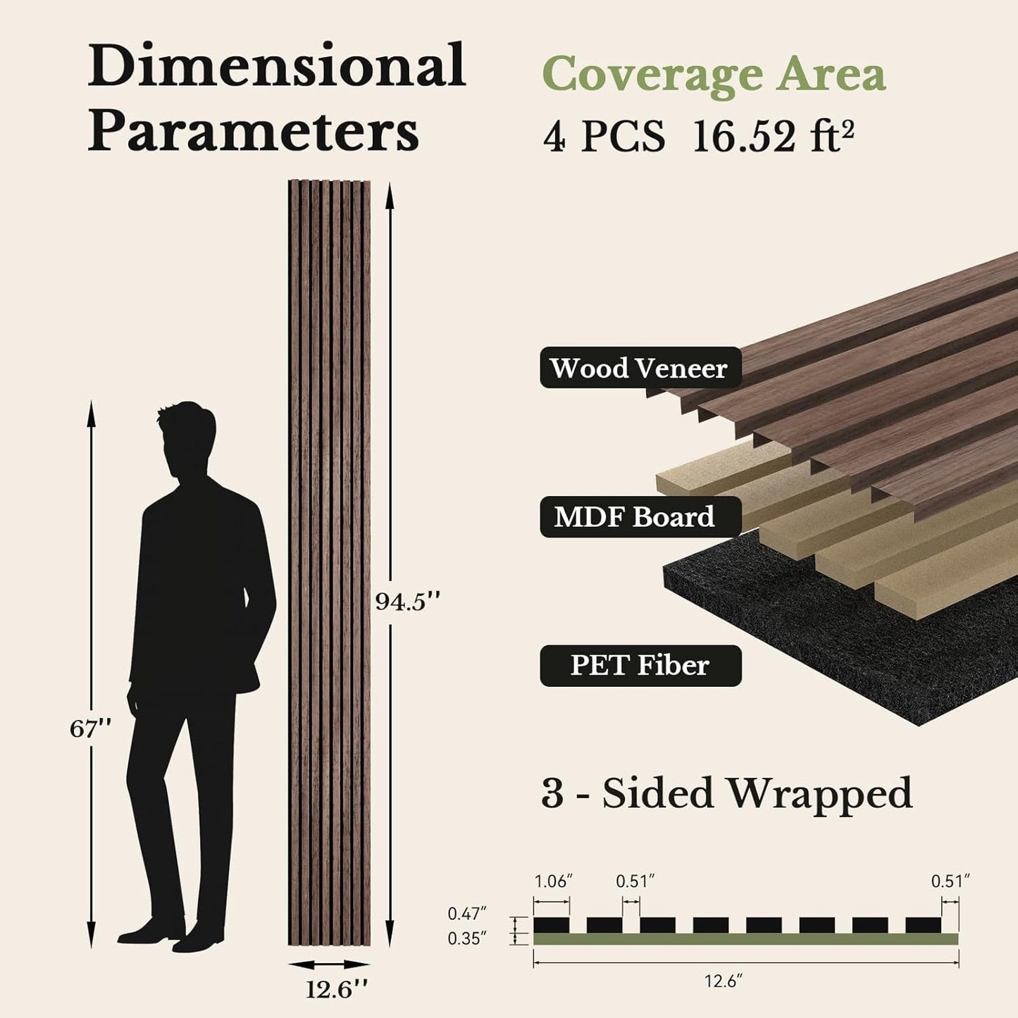 MISSDAY Wood Slat Acoustic Wall Panels, 4 Packs 94.5" x 12.6" Walnut Soundproof Panel For Interior Wall Decor Noise Absorbing-3D Textured Wooden Panel Sound-Absorbing for Home, Office, Studio