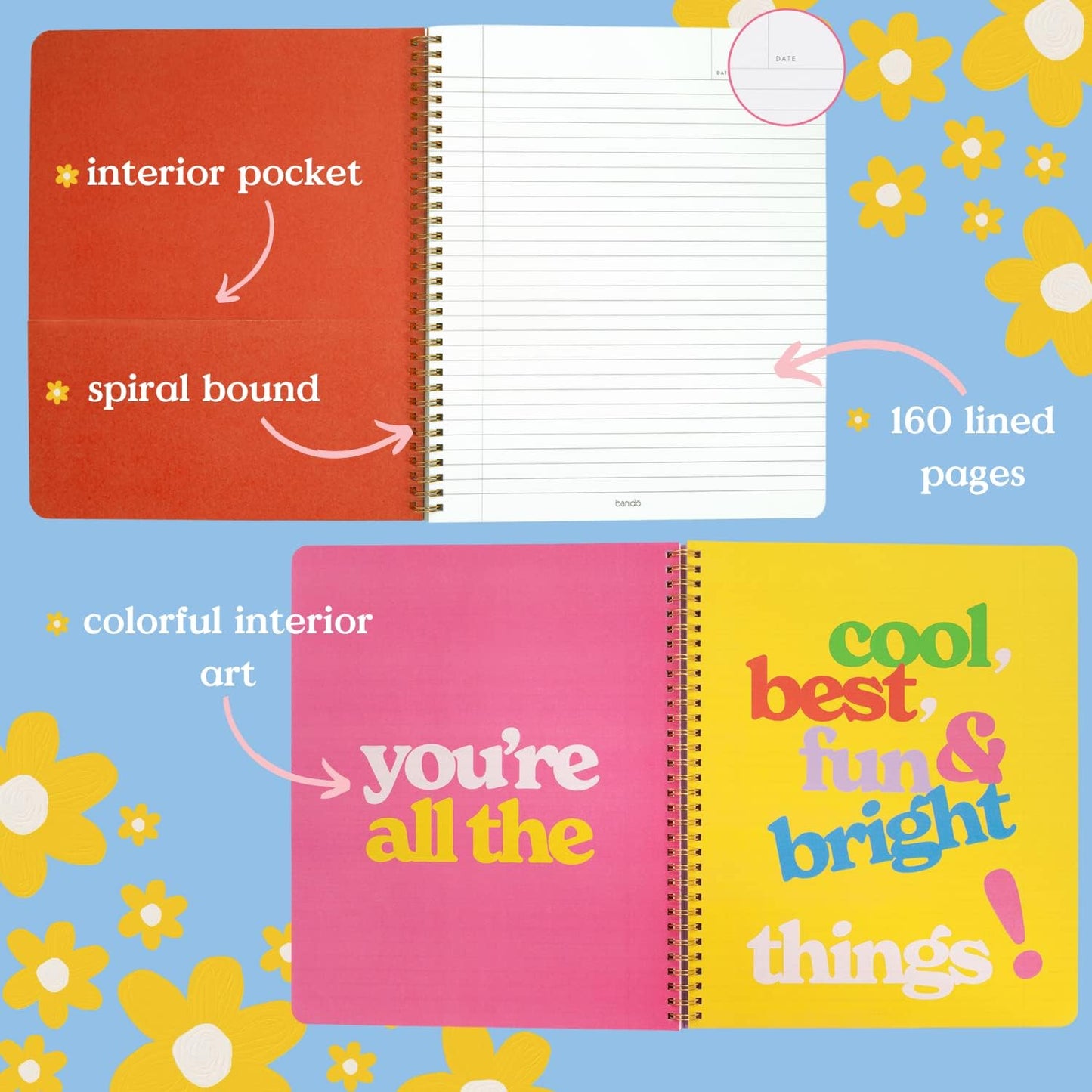 ban.do Floral Rough Draft Large Spiral Notebook, 11" x 9" with Pockets and 160 College Ruled Pages, Green Geometric Flowers