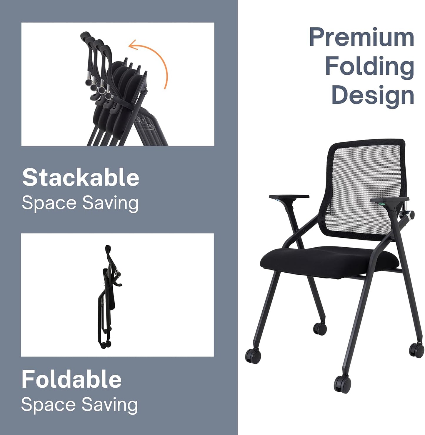 Updated Conference Room Chairs, Folding Office Desk Chair with Lumbar Support and Sliding Armrest with Casters, Stackable Office Guest Chairs & Reception Chairs, 1 Pack Black