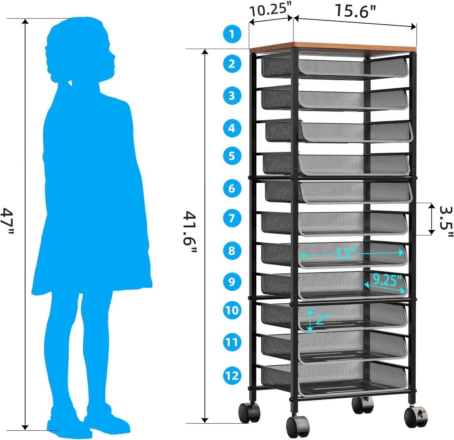 Simple Trending 12 Tier Rolling File Cart,Wood Desk File Organizer with Sliding Trays and Wetal Mesh Paper Letter Storage Multi-Functional Rolling Clutter Cart for Office, Home, School, Black