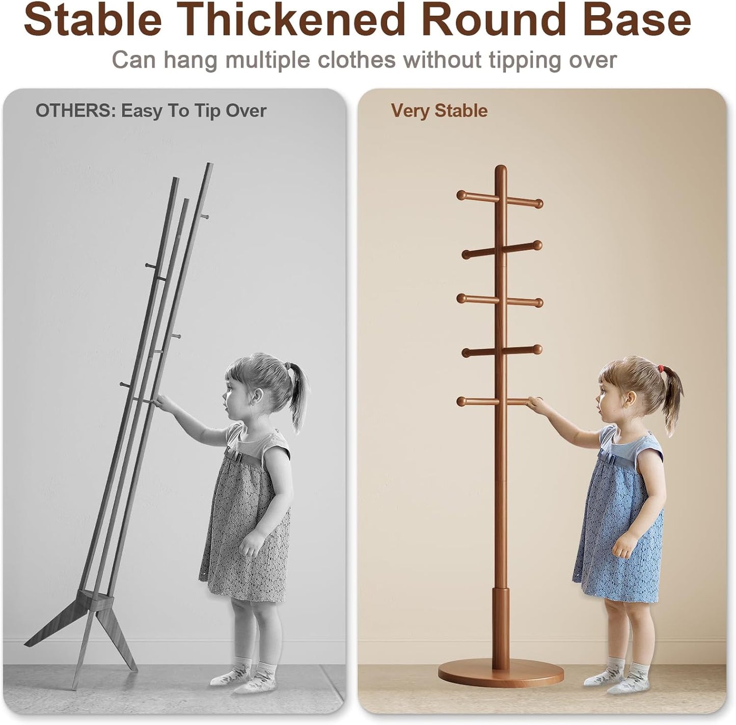 Solid Wood Coat Rack Freestanding with 10 Hooks, Coat tree freestanding 3 Adjustable Heights for coat, Hats, Handbags, Coat Stand for Entryway,Bedroom,office