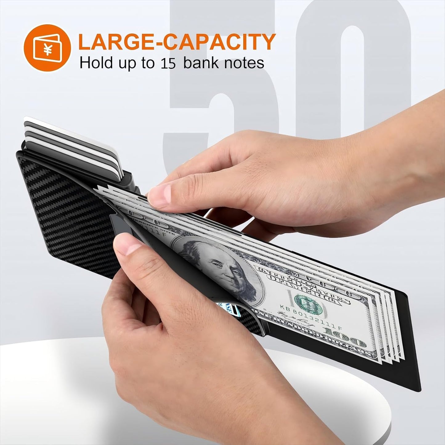 Mens Wallet Card Holder - Pop Up Aluminum Case, Flexible Carbon Fiber Leather, Smart Wallet for Men, RFID Blocking, Slim, Minimalist, Front Pocket - 9-14 Card Capacity | ID Window | Cash Slot