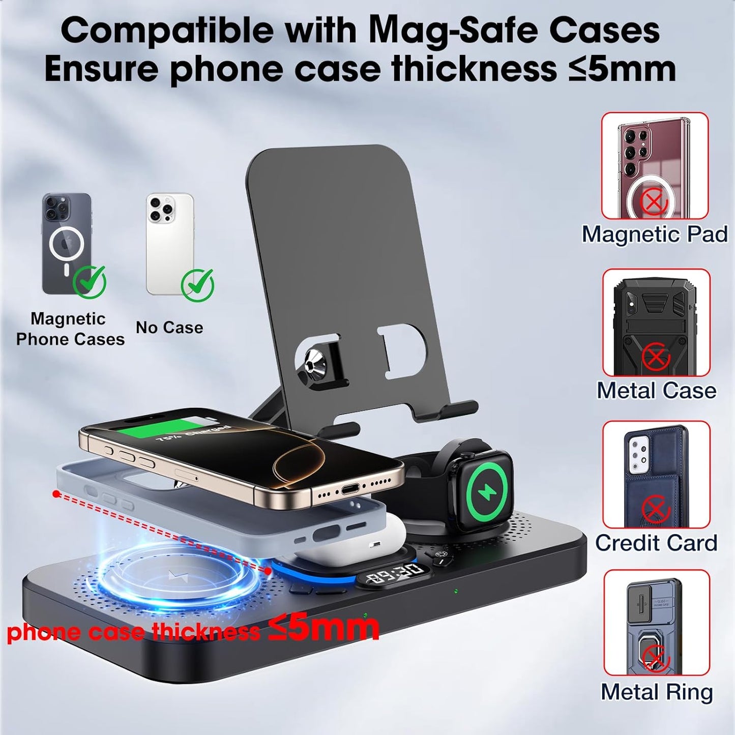 30W Charging Station for Apple Products, Foldable Wireless Charger with Clock Display&7 Color Light, Wired Charging for iPad/Tablet Charging Station for iPhone17, for Apple Watch10 for AirPods4(Black