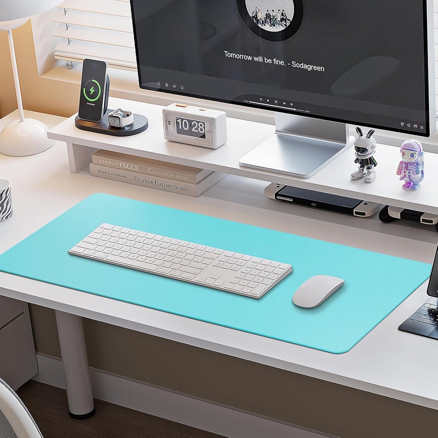 Boutilon Leather Desk Pad Protector,Non-Slip Mouse Pad,Laptop Desk Pad,Office Mouse Mat,Waterproof Leather Desk Blotter,Desk Writing Pad for Office and Home (L-Bright Blue,35"x 17")