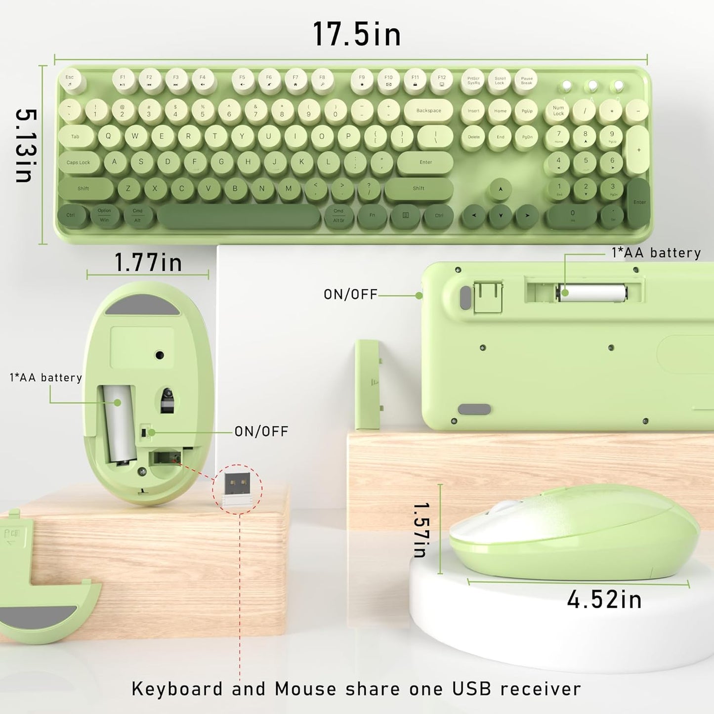 Wireless Keyboard and Mouse, Full-Size Retro Typewriter Keyboard with Round Keycaps, 2.4GHz for Windows, Mac, Laptop, PC, Desktop (Green Gradient)