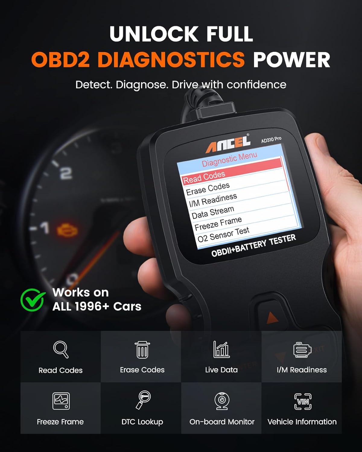 (Upgrade of AD310) ANCEL AD310 Pro 2-in-1 OBD2 Scanner & Car Battery Tester, Bluetooth Diagnostic Tool with APP for iPhone Android, Check Engine Light Code Reader, Battery Health Monitor for All Cars
