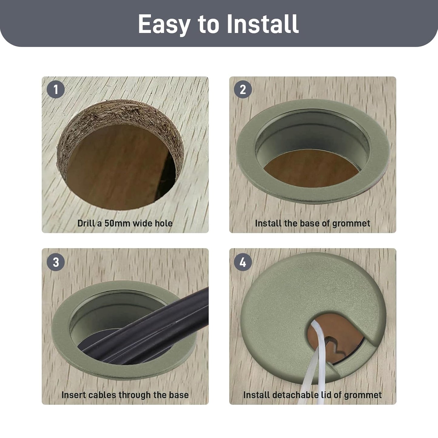 Desk Grommet 2 Inch 2 Pack Sturdy ABS Plastic Desk Hole Cover for Cables Detachable Desk Hole Grommet for Organizing Home & Office Table Cables - Grey