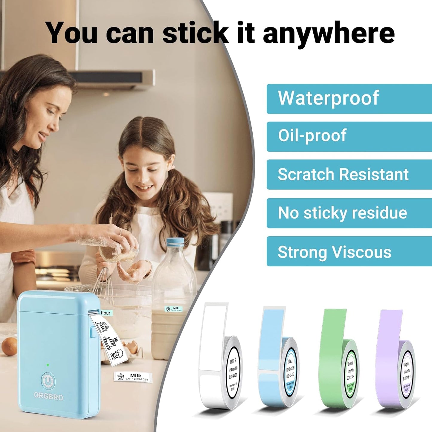 ORGBRO Label Maker Machine with Tape, X1 Portable Bluetooth Mini Label Printer, Support Pre-Cut & Continuous Label, Wireless Small Label Makers with Versatile App for School Home Office Organization