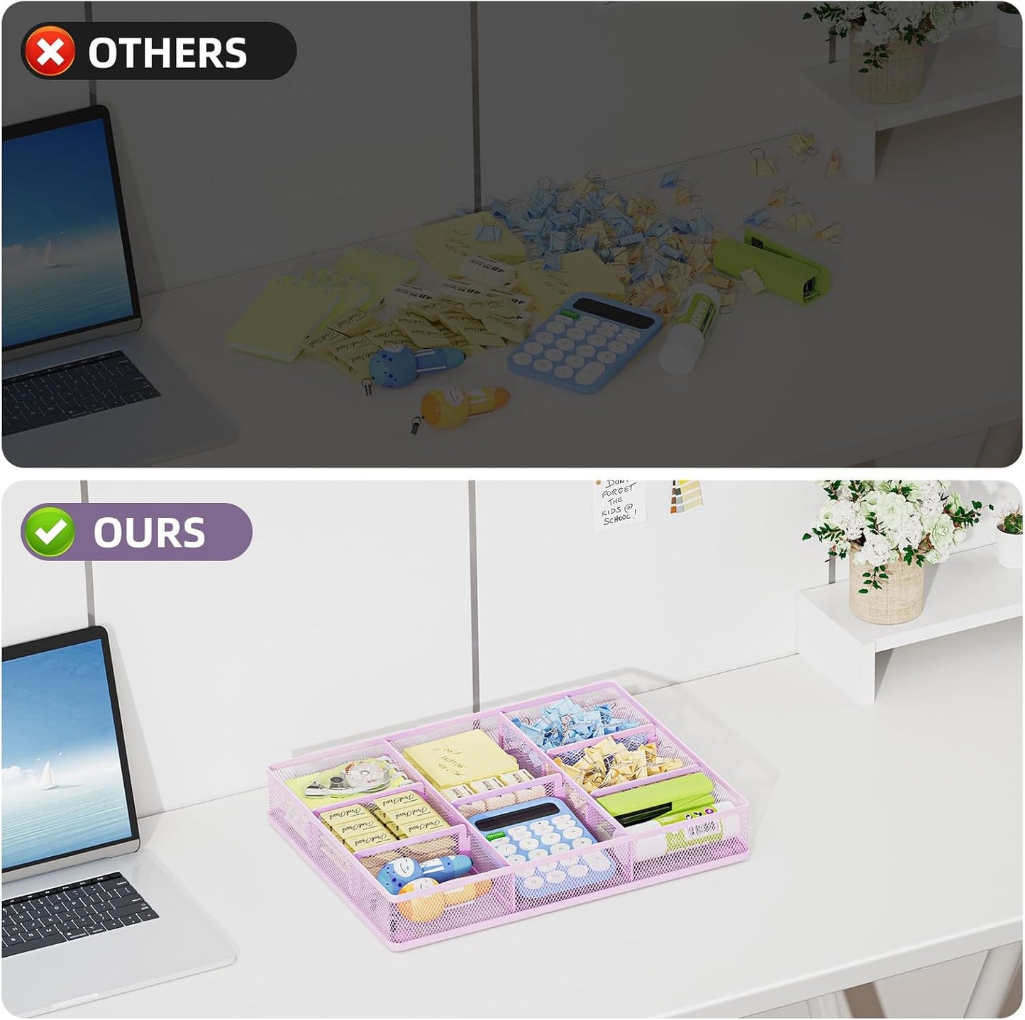 Marbrasse Desk Drawer Organizer, Metal Mesh Drawer Organizer Tray with 5 Adjustable Compartments,Desk Organizers and Accessories for Home,Office,Kitchen,Makeup,Vanity (Purple)