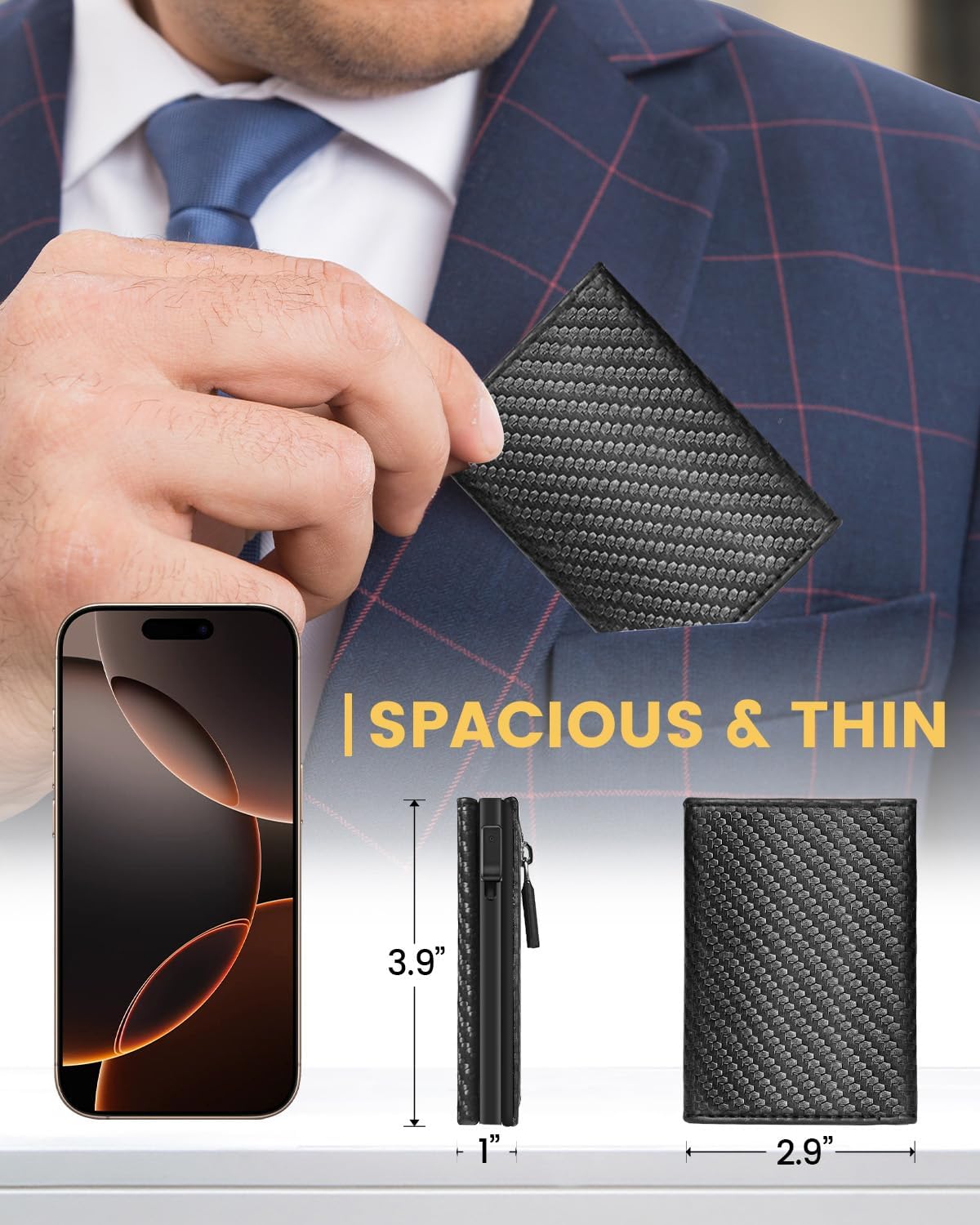 Wallet for Men with Coin Pocket, Pop-Up Card Holder, Holds 10-14 Cards, RFID Blocking, Minimalist, Smart, Slim, Cash Slot, Front Pocket, Gift for Men (Carbon Fiber)