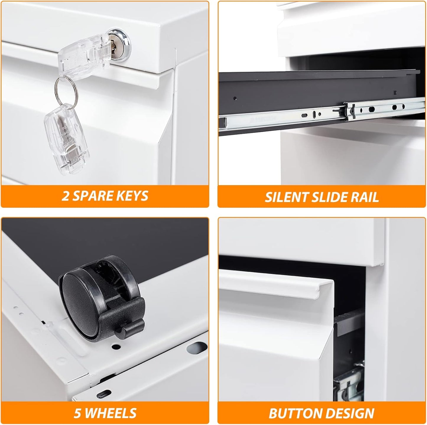 3 Drawer File Cabinet with Wheels, Metal Filing Cabinet with Lock, Office Rolling File Cabinets for A4/Legal/Letter Size, Assembly Required, White