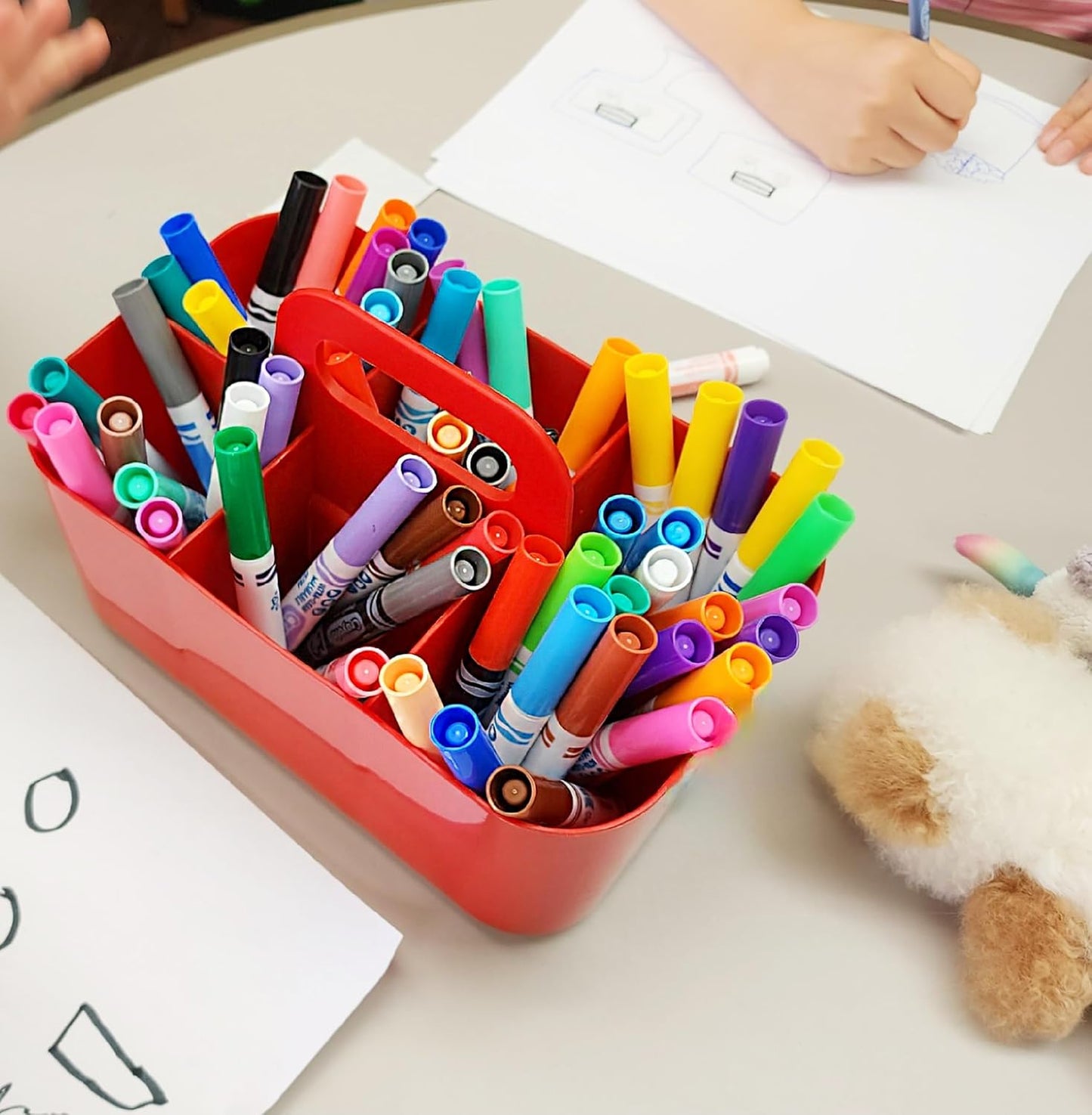 Small Stackable Plastic Caddy with Handle 6 Compartment | Desk, Makeup, Dorm Caddy, Classroom Art Organizers - 4 Pack, Made In USA (Red)
