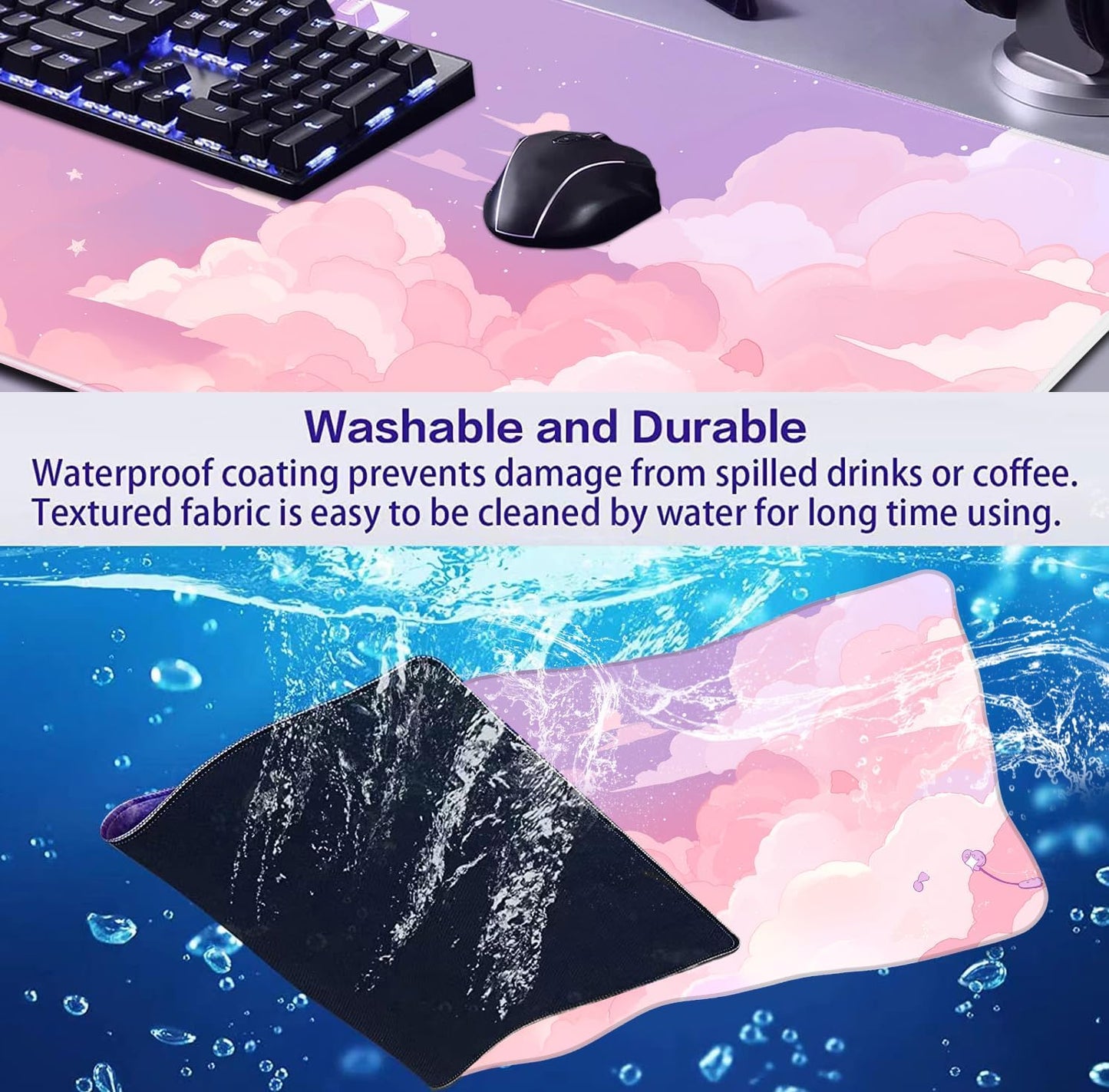 Cute Anime Cloud Desk Mat, Beautiful Pink Stitching Edge Non Slip Rubber Mouse Pad, Suitable for Female and Girl Office Decoration 35.4 x 15.7 x 0.12 Inches