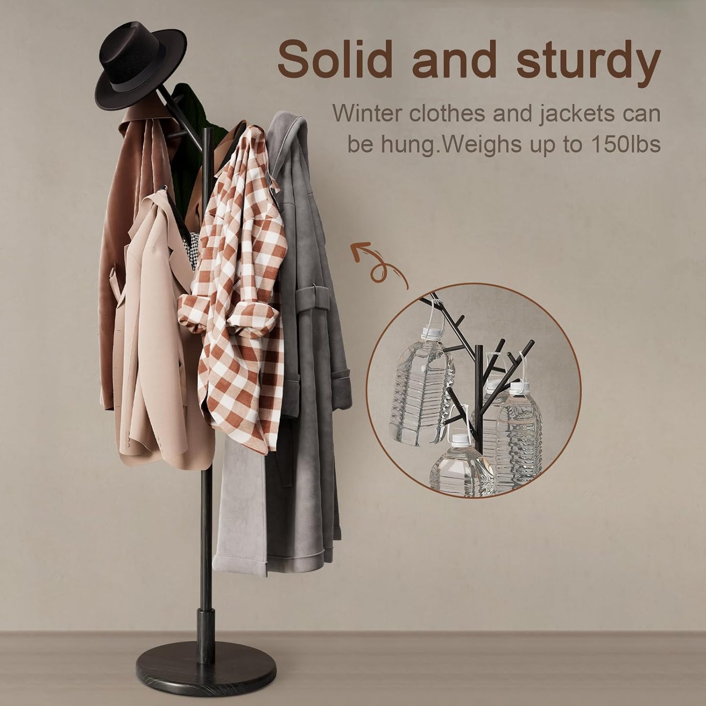 Coat Rack, Solid Wood Coat Rack Freestanding with 12 Hooks, Coat tree freestanding 3 Adjustable Heights for coat, Hats, Handbags, Coat Stand for Entryway, Bedroom (Black)