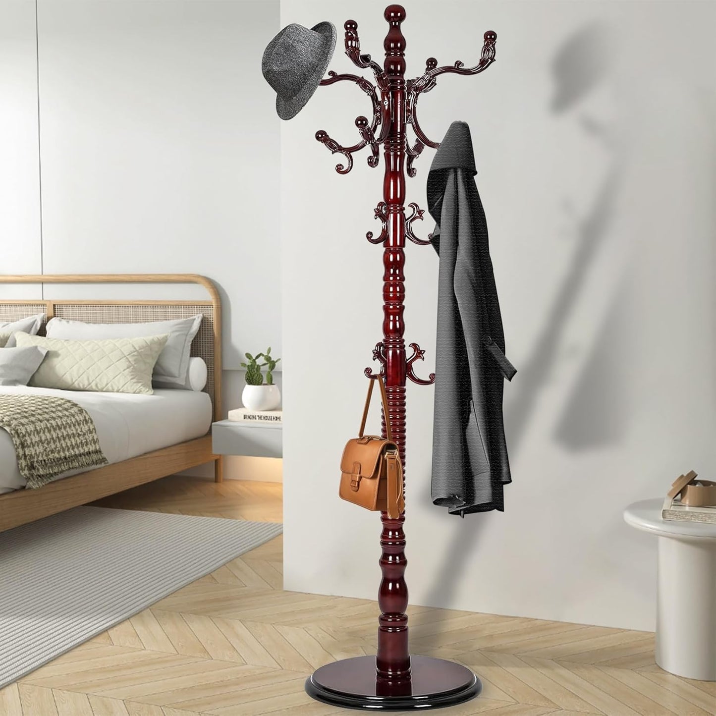 Vintage Free Standing Coat Rack with Disc Base, Solid Wood Coat Hanger Stand with 18 Hooks and 3 Adjustable Size, Standing Coat Rack Tree for Entryway, Bedroom, Hallway, Office, Apartment