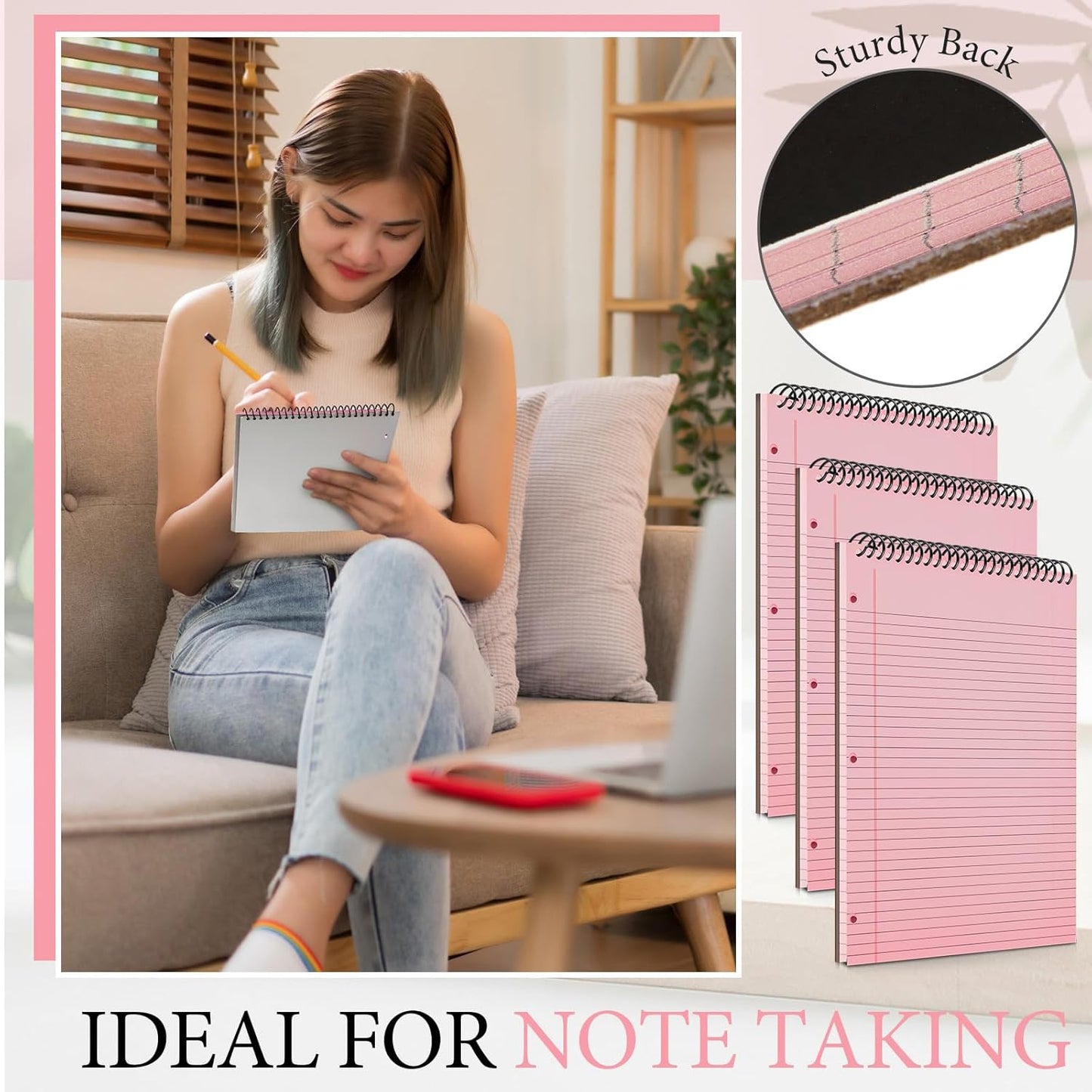 3 Packs 8.5" x 11" Top Spiral Notebook with 3 Hole Punched Legal Pads College Ruled Notepad 50 Sheets Hard Cardboard Paper Wirebound Notepad for Office School Business (Pink)