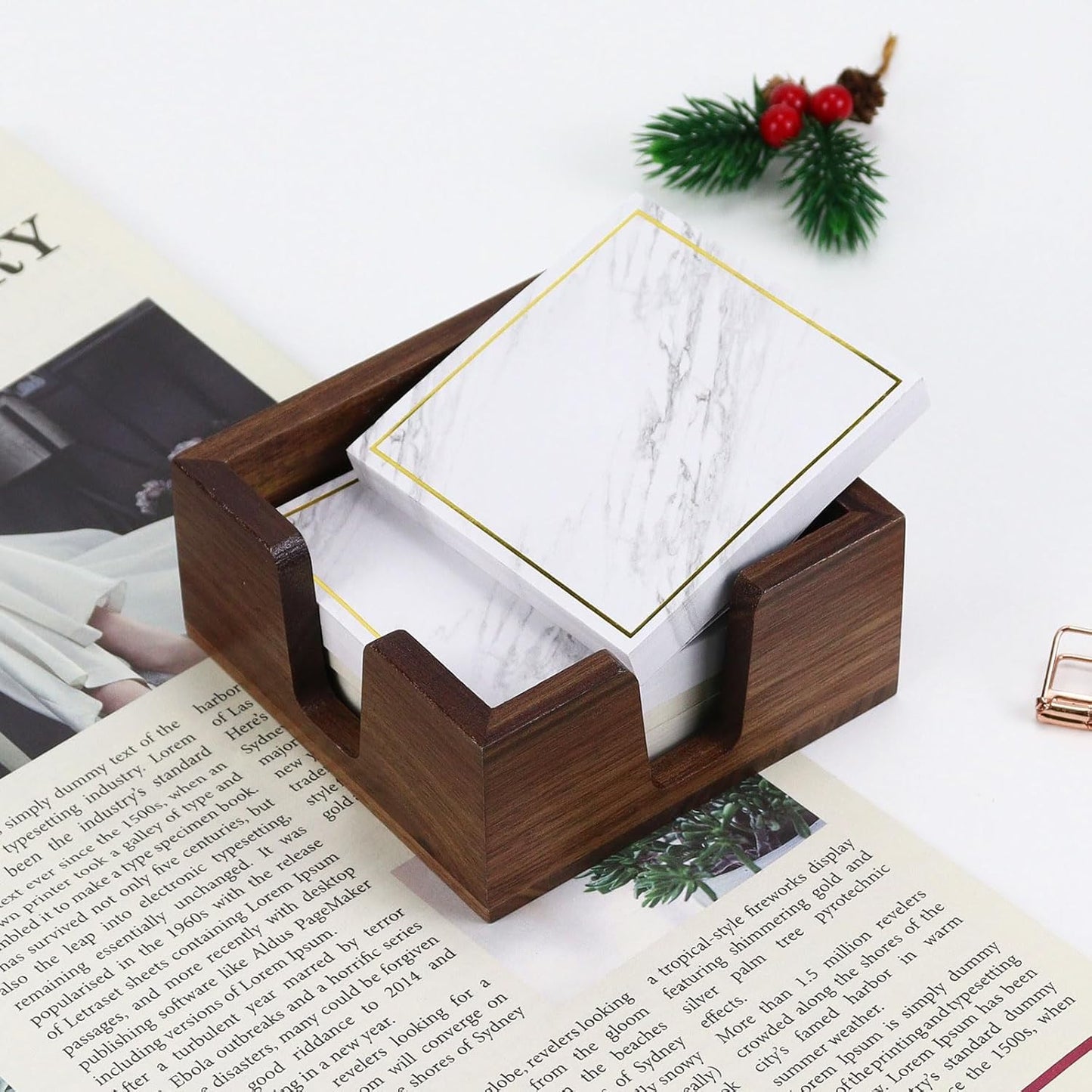 MultiBey Wooden Double Opening Sticky Note Holder, Black Walnut Self-Sticky Note Pads Holder, Wood Post it Note Dispenser Sticky Memo Holder Paper Dispenser Desk Accessory for Office Home