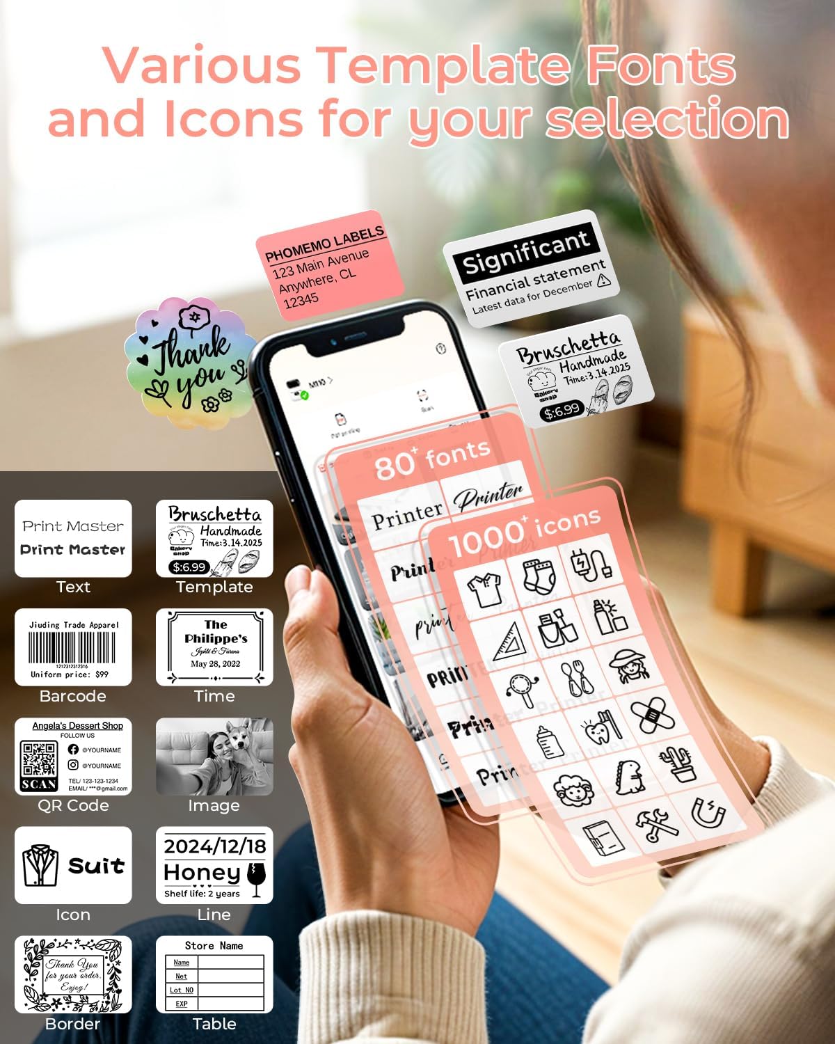 Phomemo Label Printer - M110 Thermal Label Printer Barcode Label Maker Mini Bluetooth Sticker Printer for Small Business, Home, Office, Logo, Address, Name Tag, Clothing, Organizing, Pink