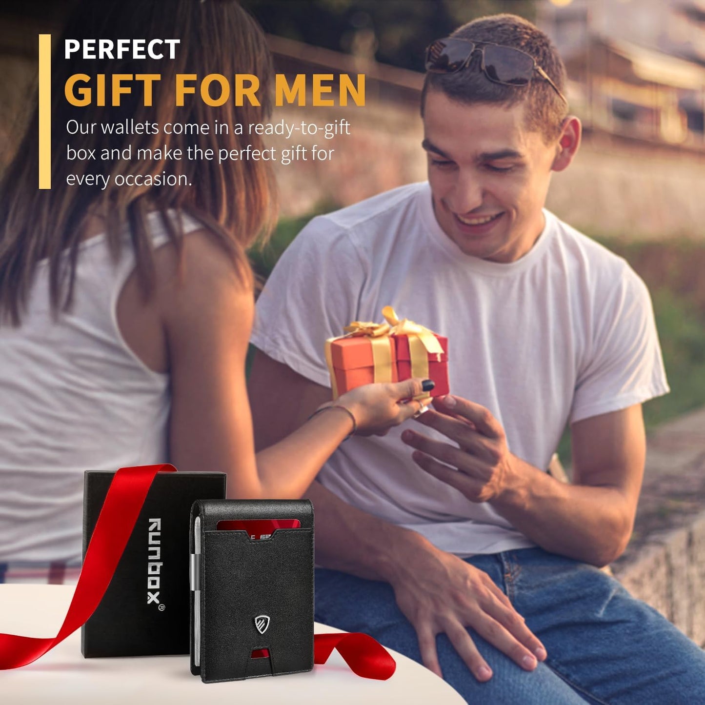 RUNBOX Mens Slim Wallet with Money Clip RFID Blocking Bifold Credit Card Holder for Men with Gift Box