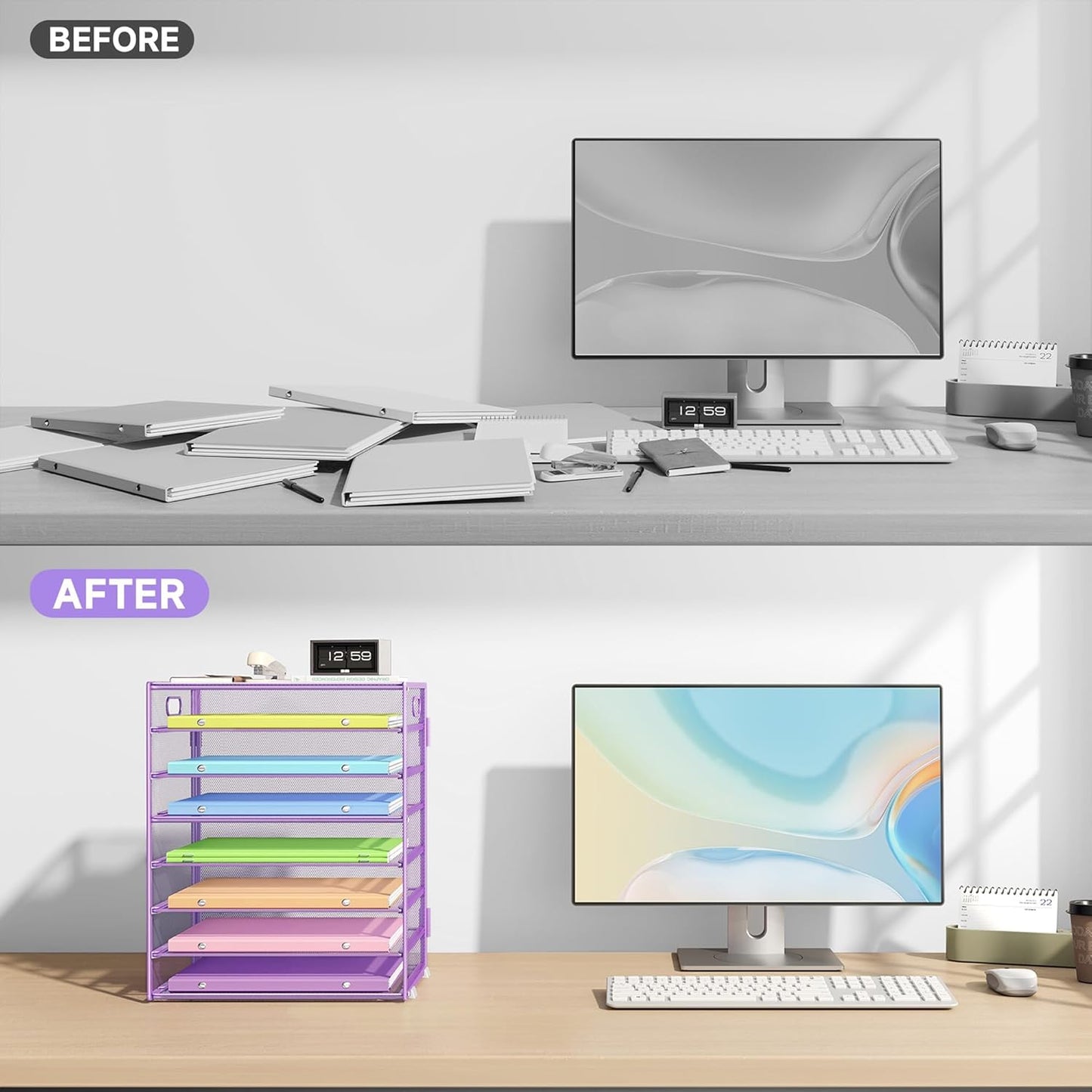 Paper Organizer with Handle Metal Mesh File Sorter for Desk Organizers Paper Letter Tray Desktop Document Sorter for Office or School 2 Pack 8 Tier Purple Desk Storage