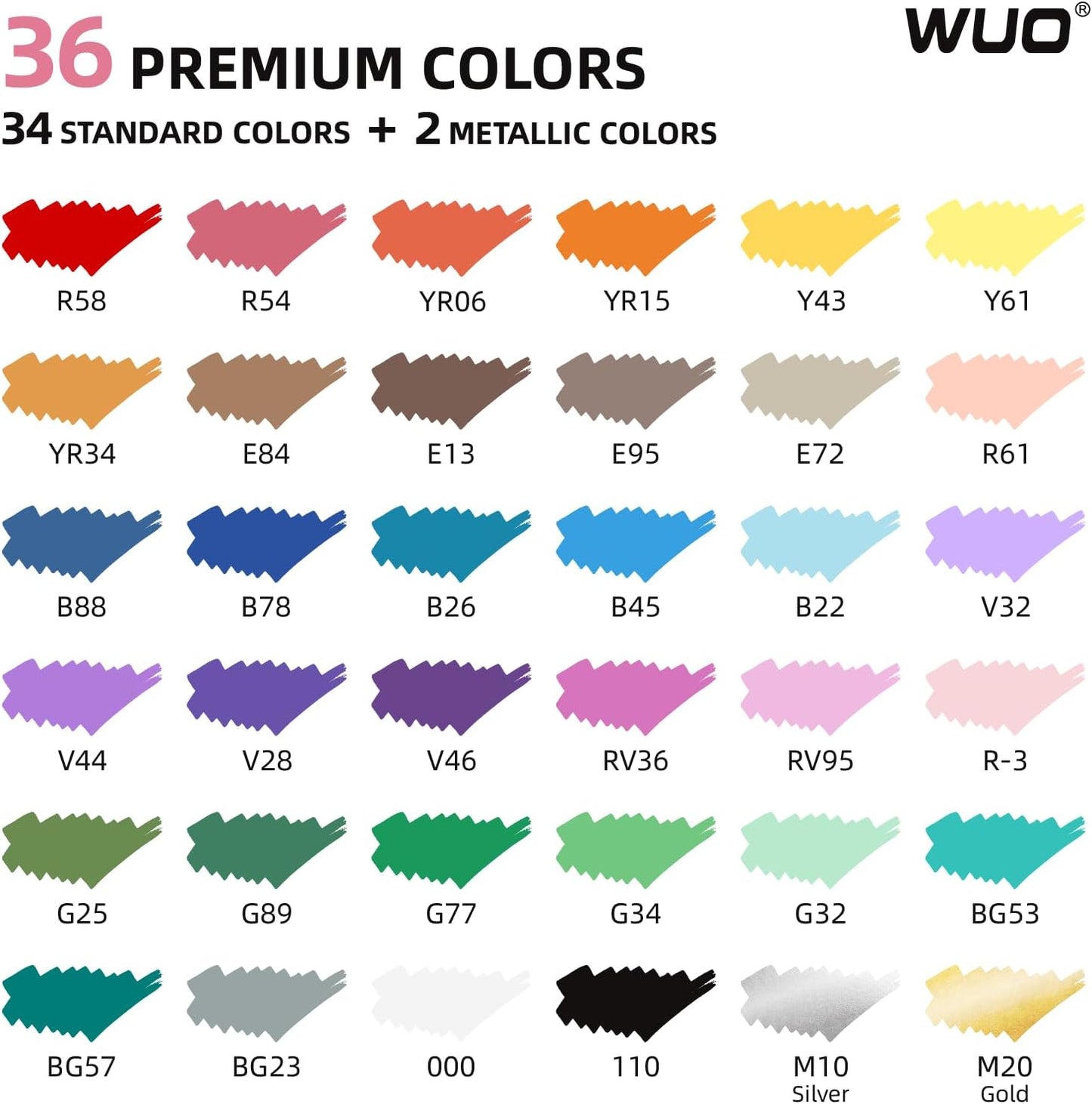 WUO 36 Colors Acrylic Paint Markers (2 Metallic), Automatic Ink Control Brush Tip for Multi-Surface Acrylic Paint Pens for Rock Painting, Wood, Canvas, Glass, DIY Art