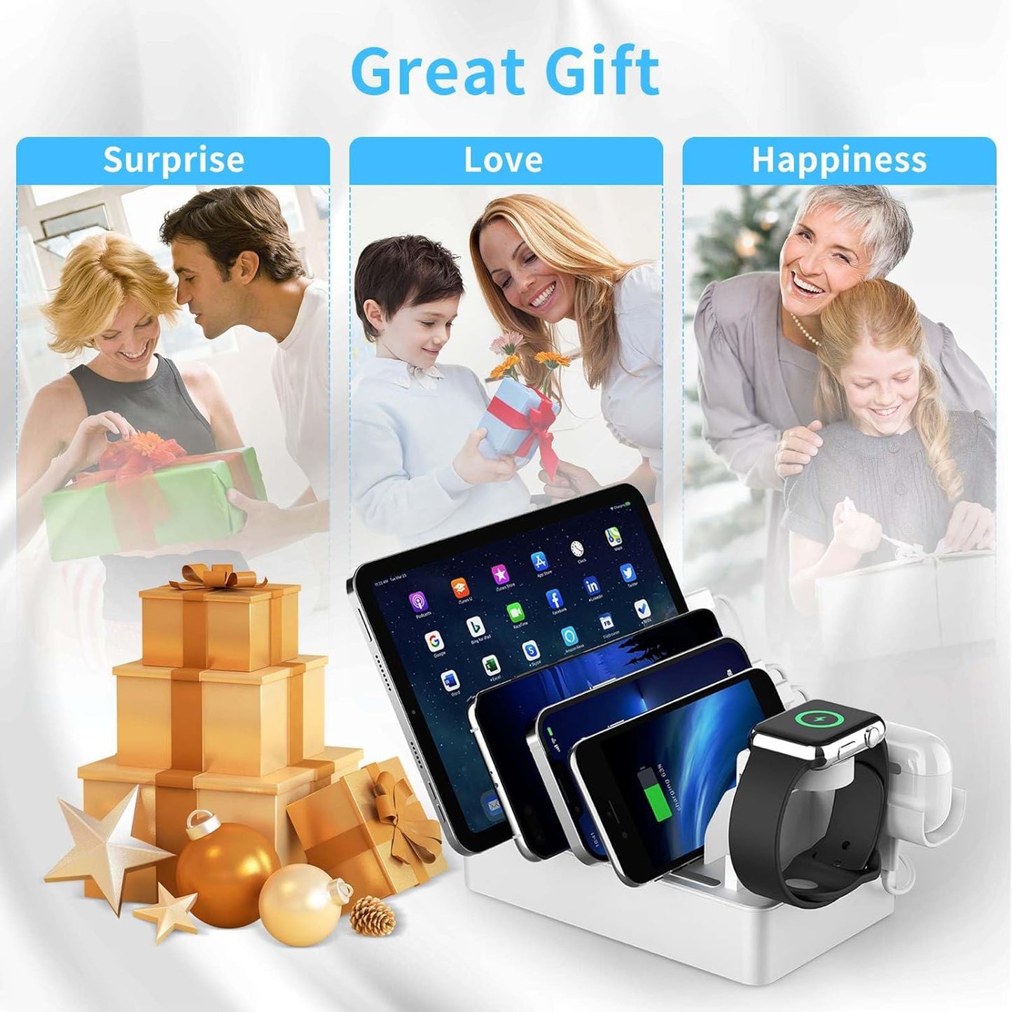 Multiple Charging Station Charger Station - Presents for Him Her Charging Station for Multiple Devices, 6 Ports USB Charging Dock for Phone|Earhead|Watch Stand, Fast Docking Station