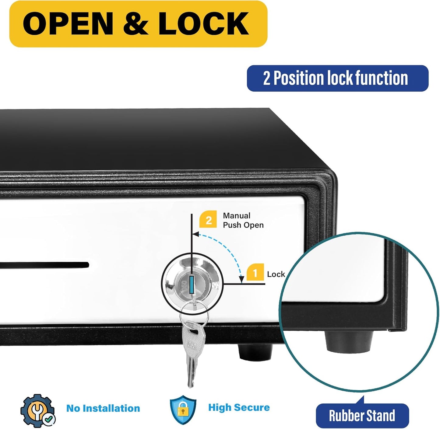 HK SYSTEMS 16" Heavy Duty Black Manual Push Open Cash Drawer with 5Bill/5Coin Stainless Steel with Till Cover