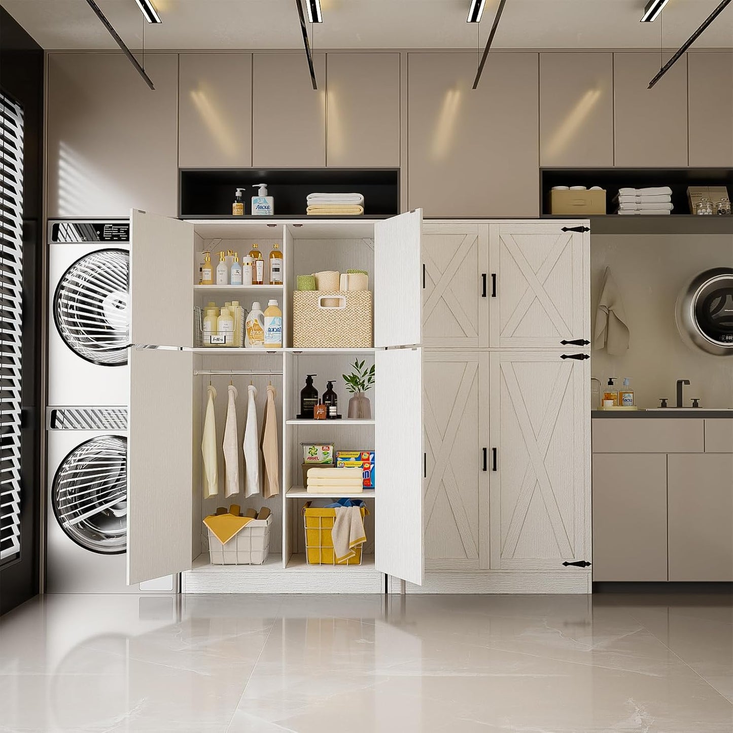 Unikito 71'' Farmhouse Wardrobe Closet with Hanging Rod, 4 Barn Door Clothing Storage Cabinet with Adjustable Shelves, Freestanding Wardrobe Cabinet for Bedroom, Living Room, Cloak Room, Office, White