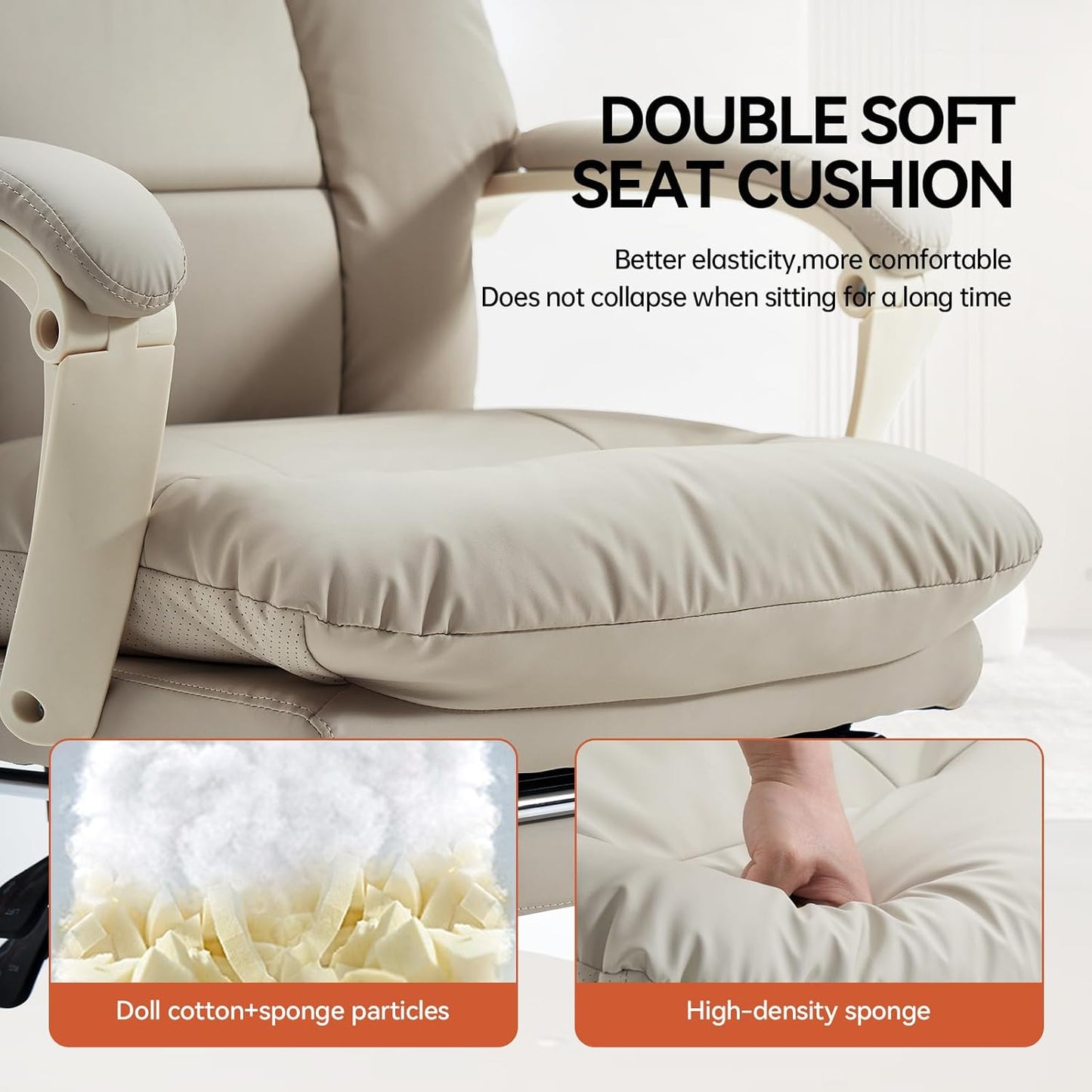 EMIAH Office Chair with Foot Rest, Ergonomic Executive Office Chair with Arms, Reclining High Back PU Leather Comfy Swivel Computer Desk Chairs with Wheels and Lumbar Support for Home Office, Beige