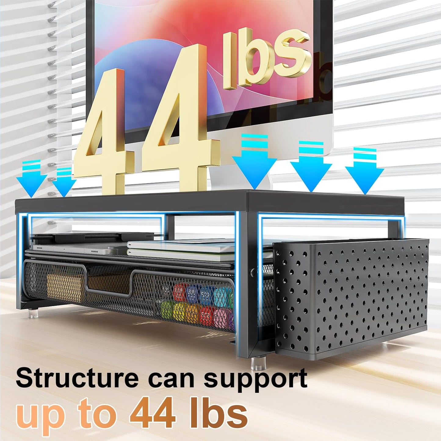 gianotter Wood Monitor Stand Riser, Office Desk Shelf Organizer, Desk Organizer with Drawer and Pen Holder, 2-Tier Computer Stand, Office Organization (Ink)