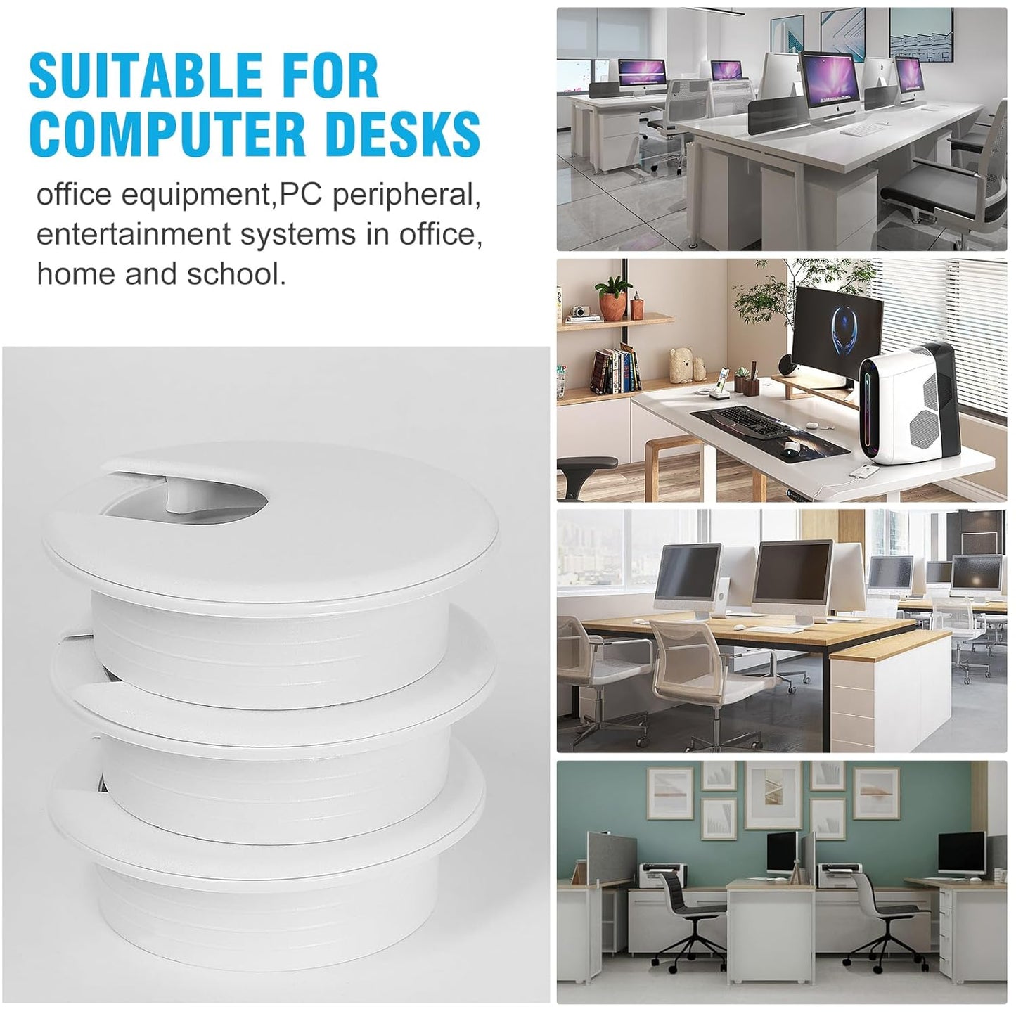 2" White Desk Grommet with Bi-Metal Hole Saw, JTemgle Plastic Cable Hole Cover Computer Table Cord Wire Organizer Caps, Desktop Cord Management for Home Office TV Stands Tabletops, 7 Pieces