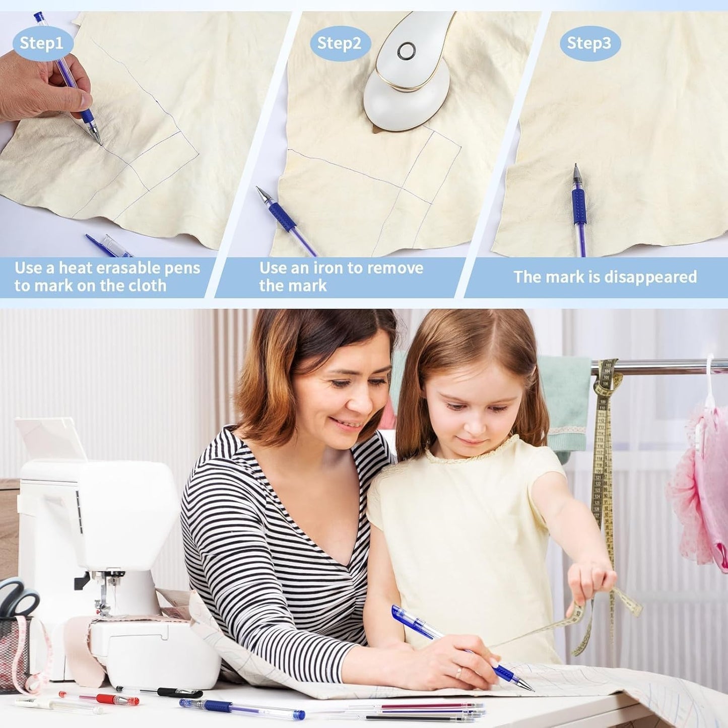 4 Pcs Heat Erasable Pens for Fabric with 32 Refills, Fabric Marking Pens for Sewing, Quilting, Embroidery, Dressmaking, Tailors Sewing Chalk Pencils