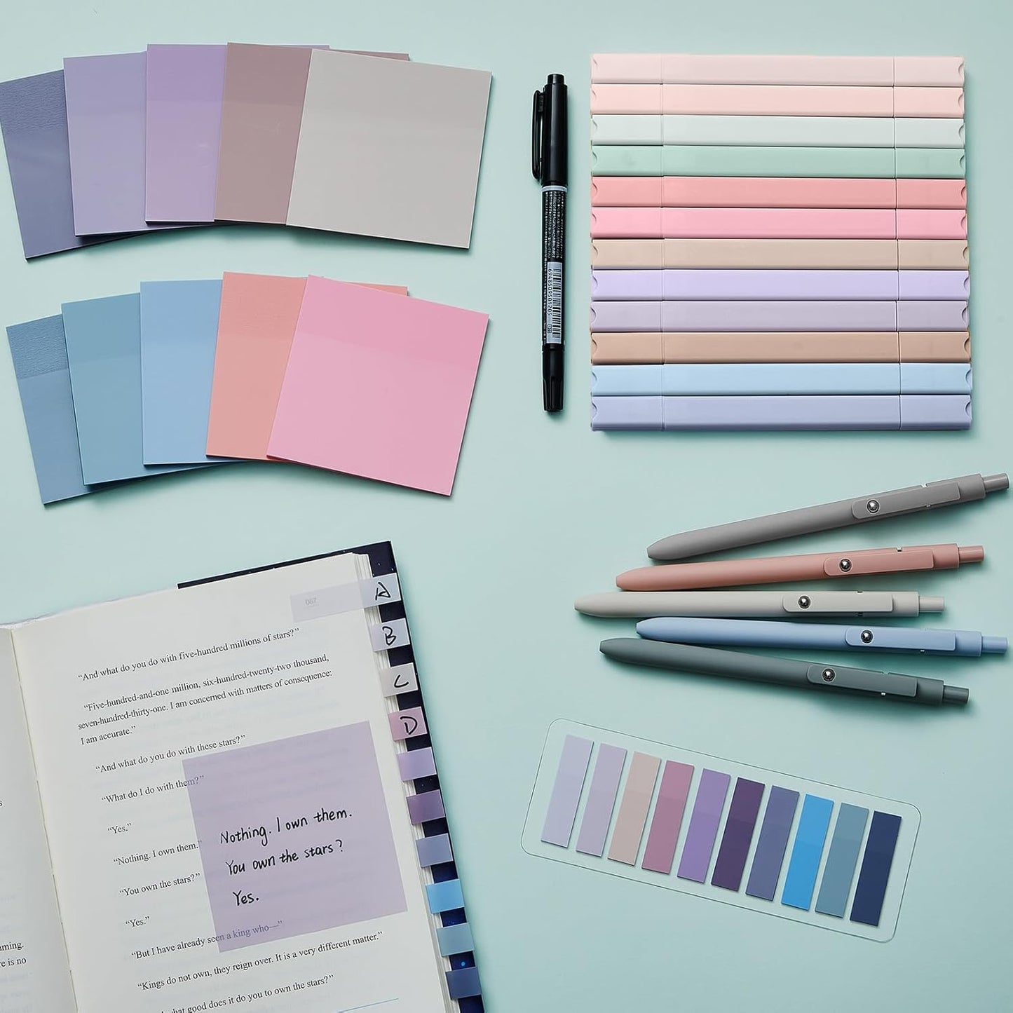 Jutom 38 Pcs Book Annotation Kit Aesthetic Highlighters Gel Pens Set Sticky Notes Tabs Markers Dual Ended Highlighter Quick Dry Ink Pens for Office Annotating Books(Purple Series,Square)