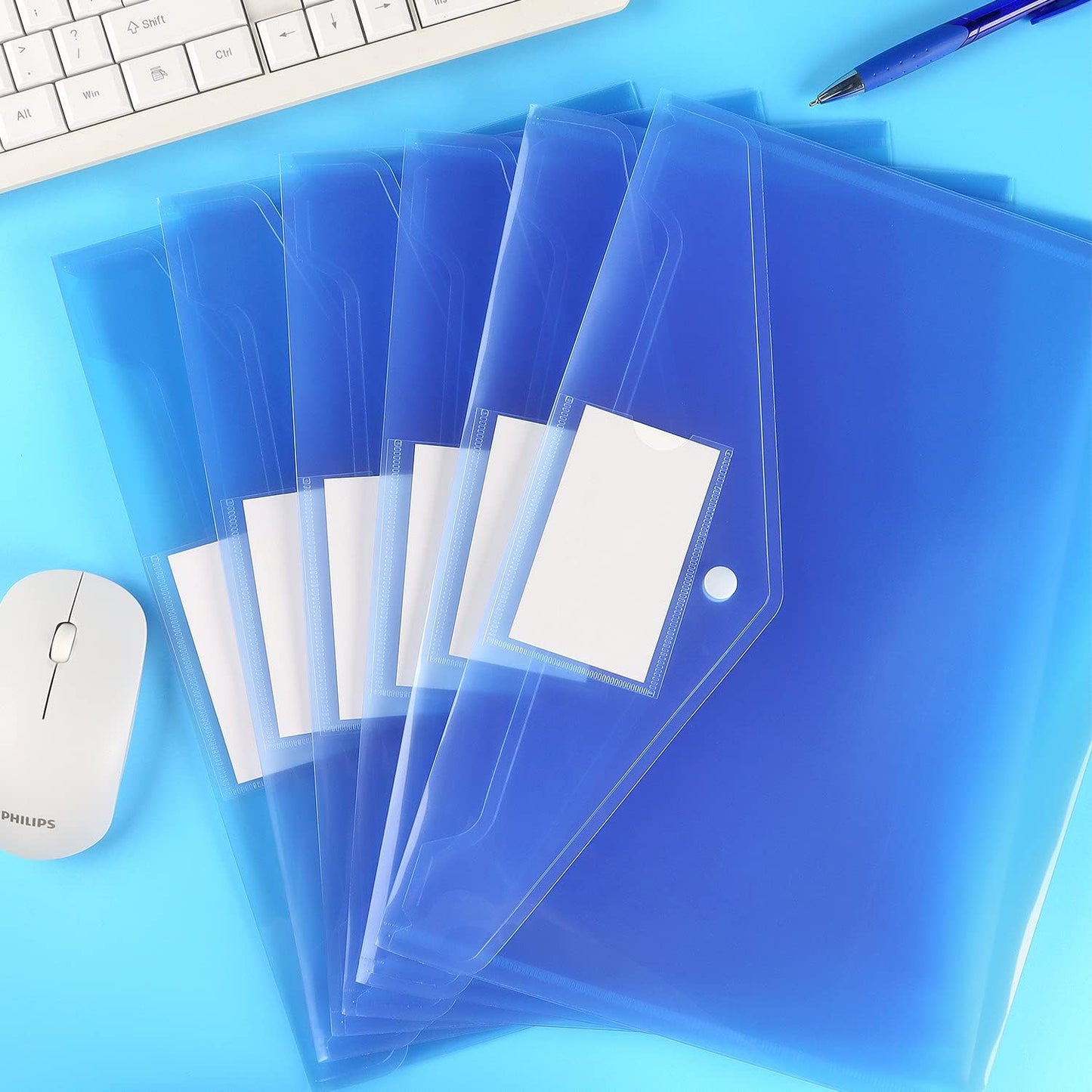 6 Pack Clear Document Folders Plastic Envelopes Poly Envelopes File Envelopes with Label Pocket and Snap Button for Home Work Office Organization, Letter Size/A4 Size (Blue)