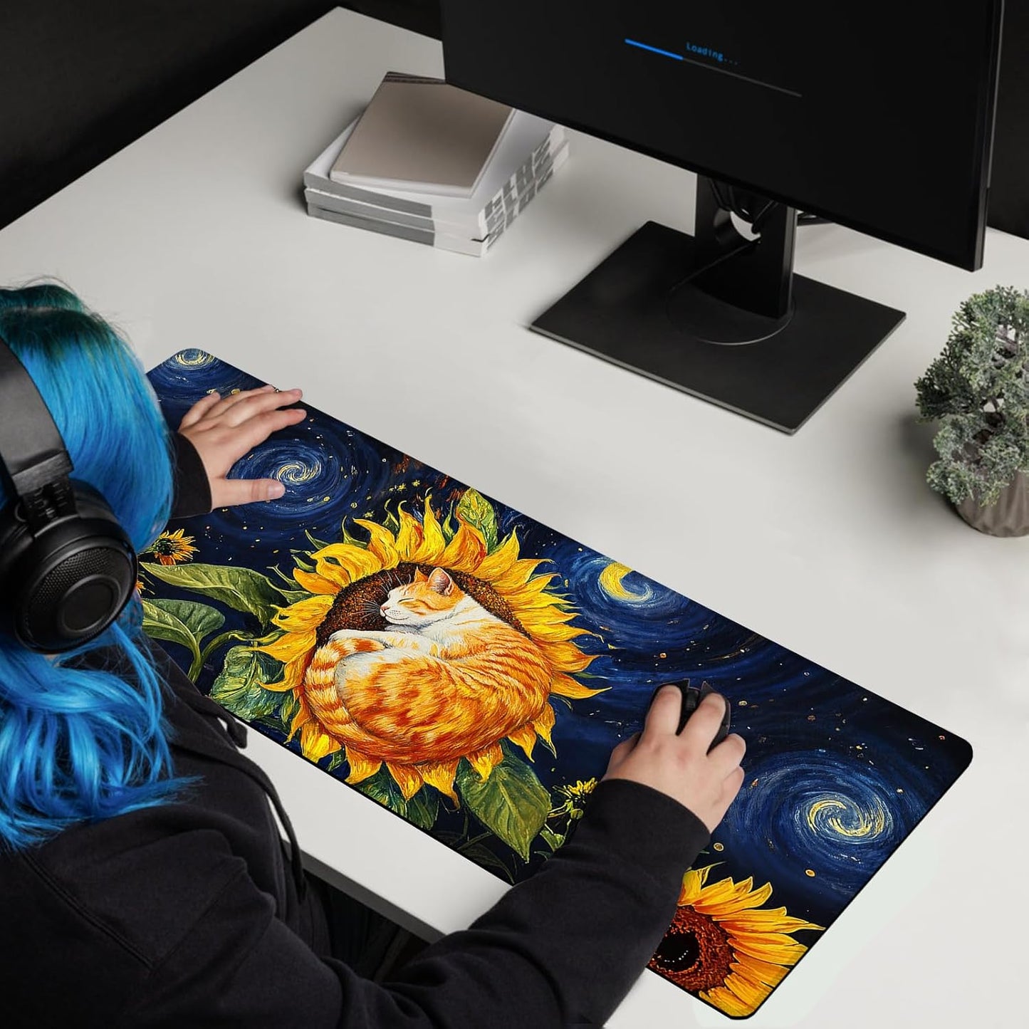 Sunflower Cat Gaming Mouse Pad, Starry Sky Cute Orange Cat Mousepad - Large Non-Slip Desk Mat for Office, PC, Laptop - 31.5"x11.8" x 3mm